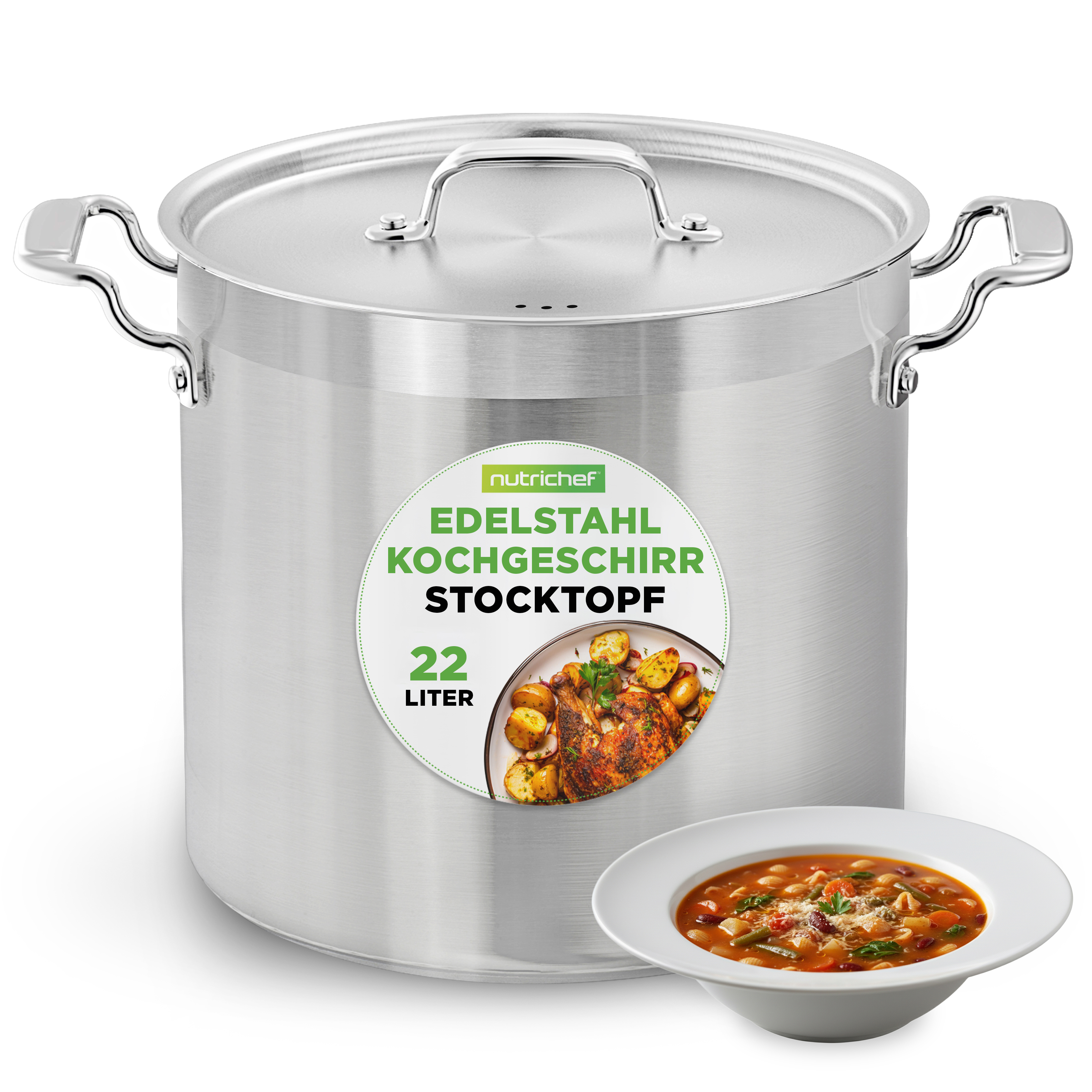 Ein großer Edelstahltoptf mit Deckel und zwei Griffen, daneben eine Schüssel Gemüsesuppe.