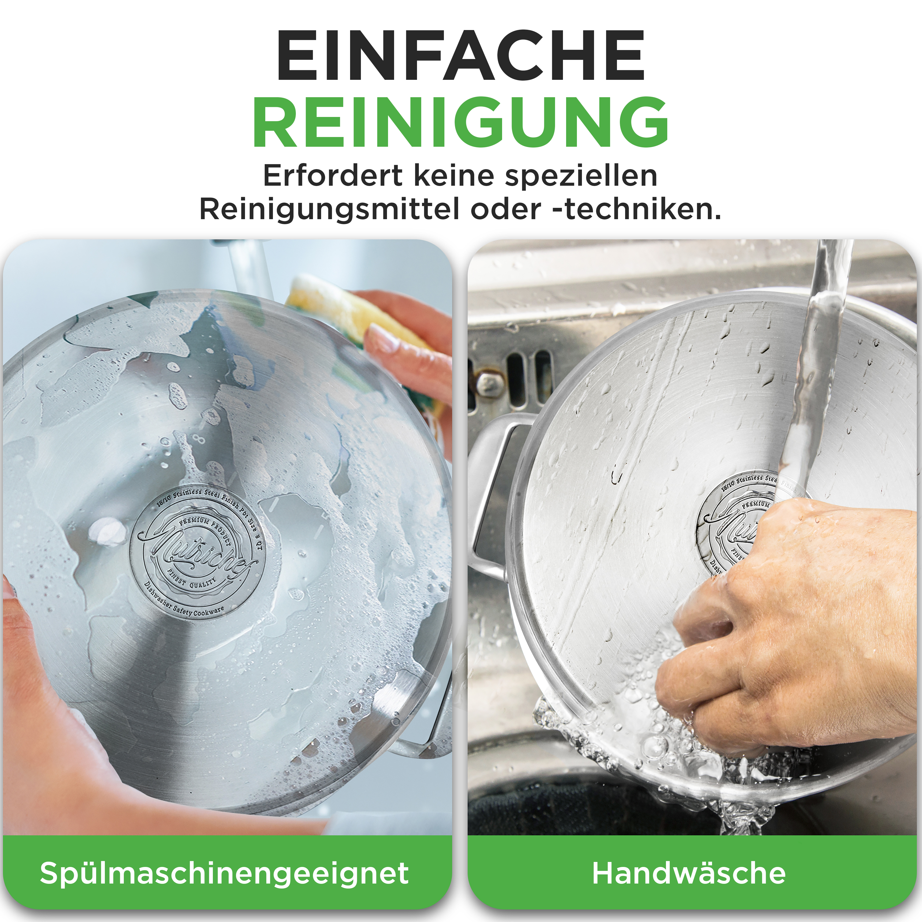 Zwei Hände reinigen Edelstahltöpfe: eine mit Schaum, eine unter fließendem Wasser.