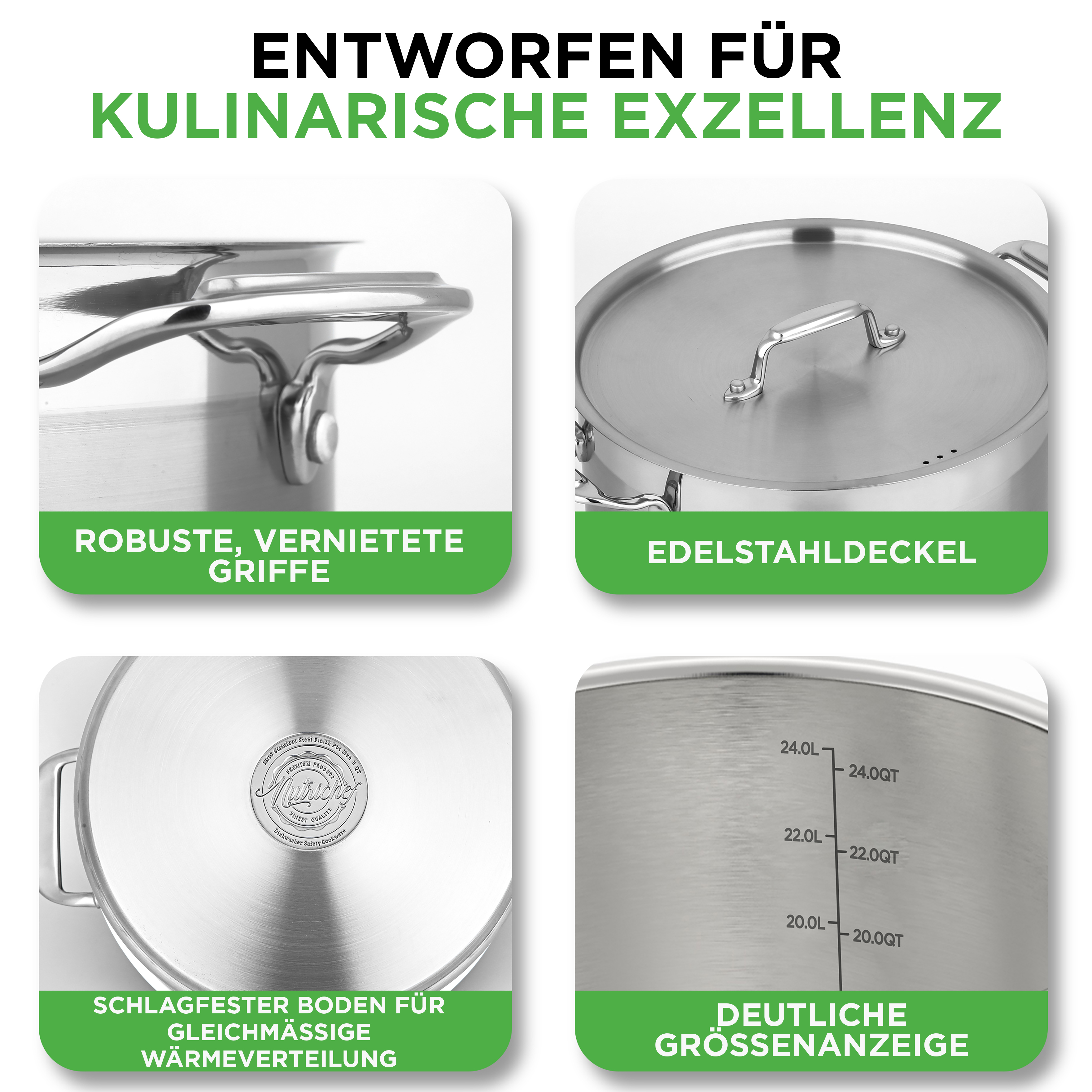 Edelstahltöpfe mit robusten Griffen, Edelstahldeckel, Schlagfester Boden, Größenanzeige.