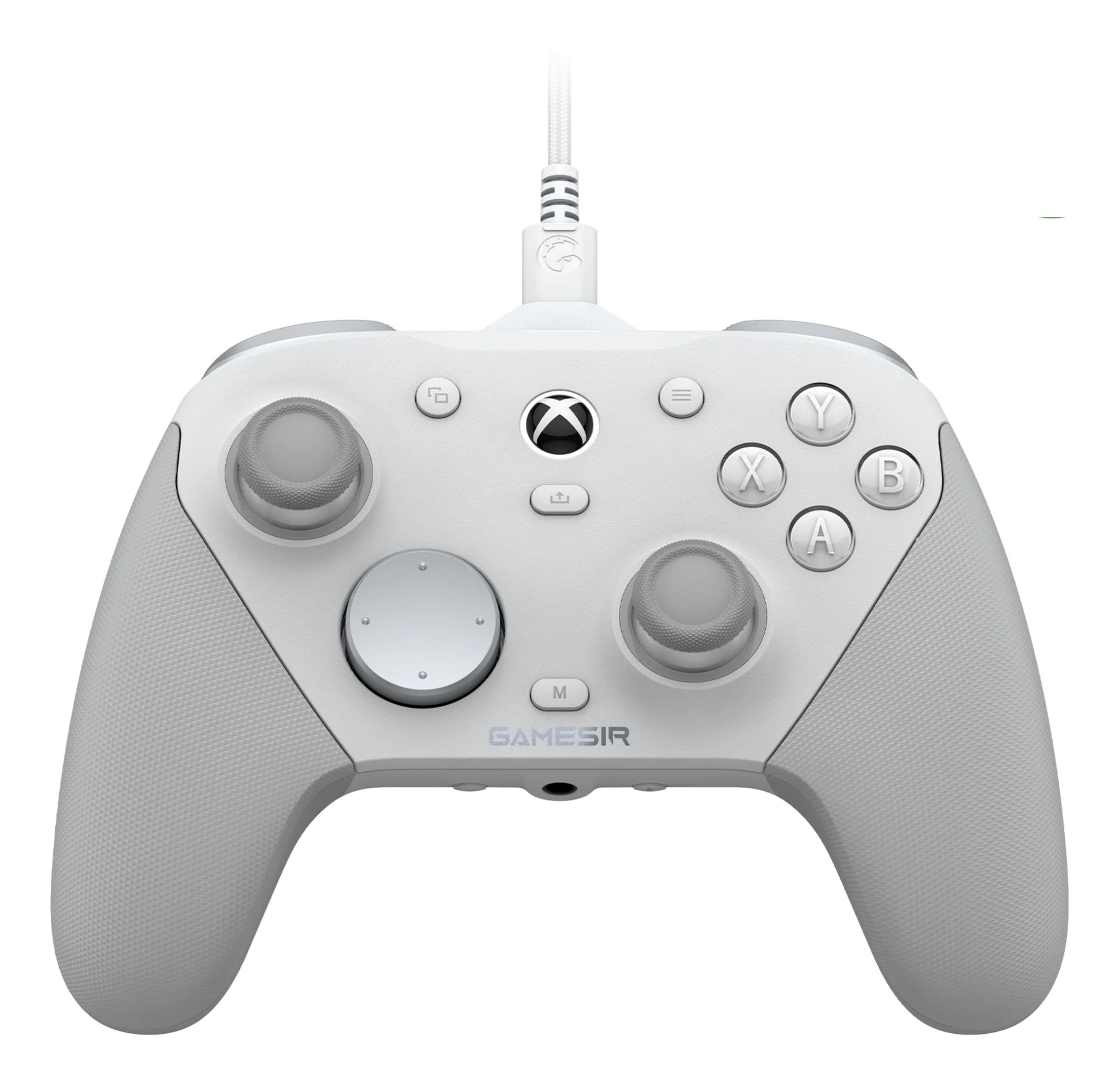Biały kontroler Xbox z szarymi uchwytami i kablem.
