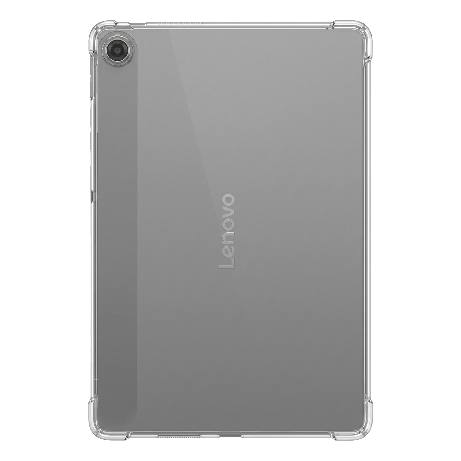 Reverso de una tablet Lenovo gris con funda transparente, cámara arriba a la izquierda.