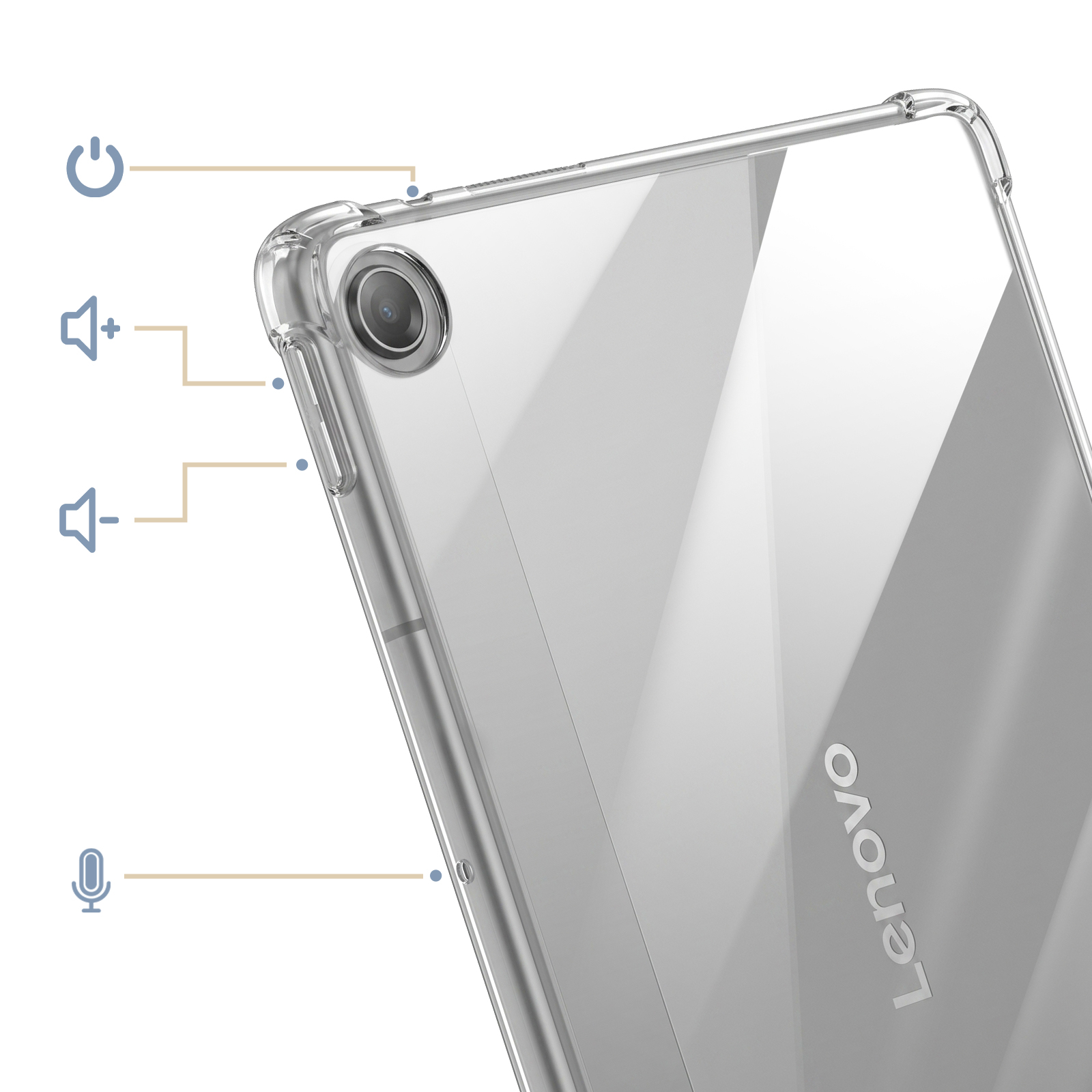 Funda transparente con logo Lenovo, cámara y botones.