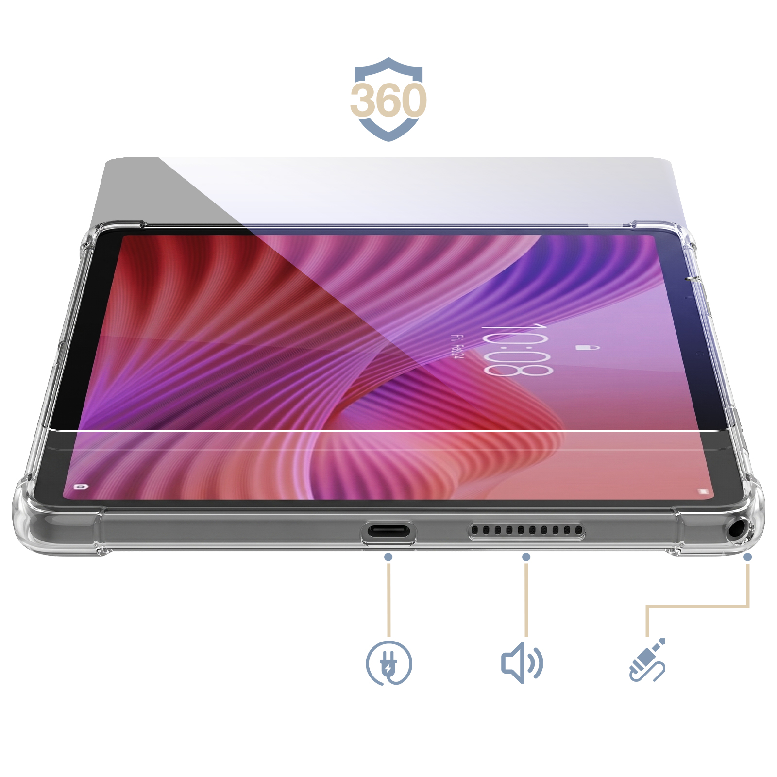 Una funda transparente para tableta con sello de protección 360 e iconos de conexión.