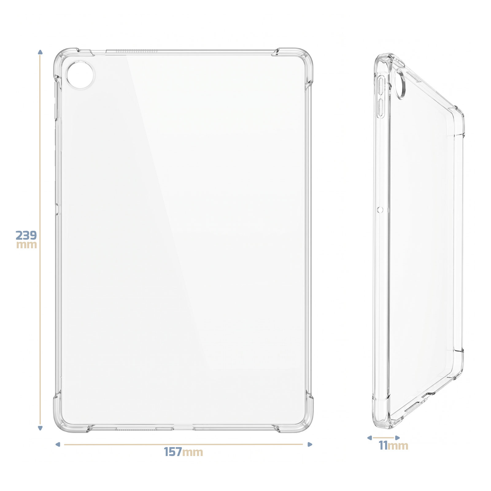 Funda transparente de 239x157x11mm, vista frontal y lateral.