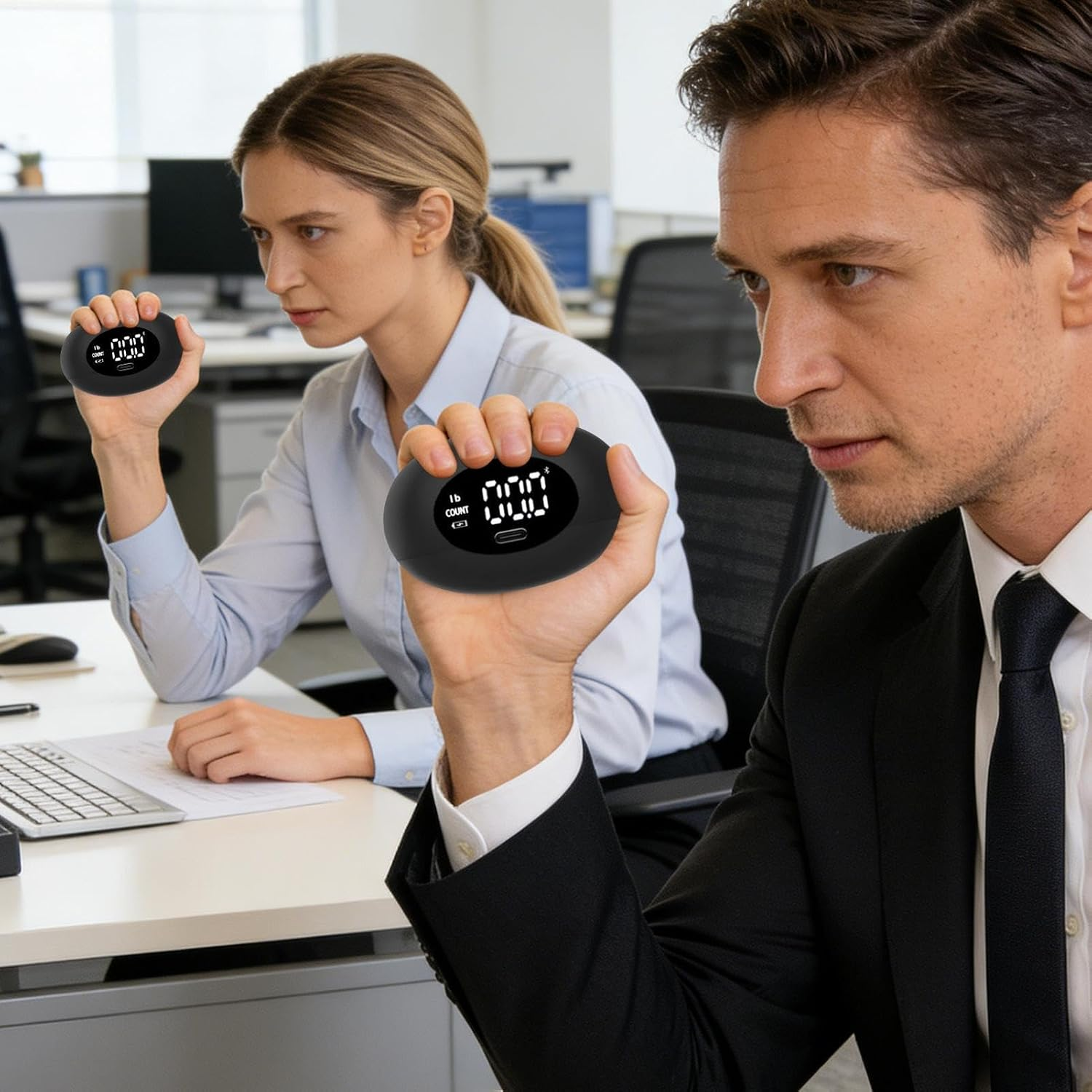 Mann und Frau im Büro halten digitale Messgeräte in den Händen.