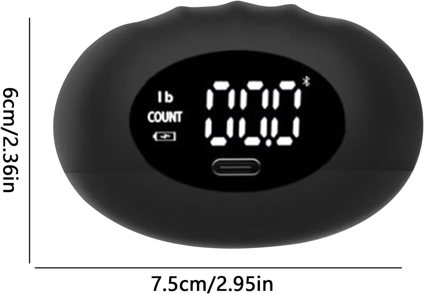 Schwarzer digitaler Anhänger mit Messungen 6cm x 7,5cm. Display zeigt 'lb COUNT'.