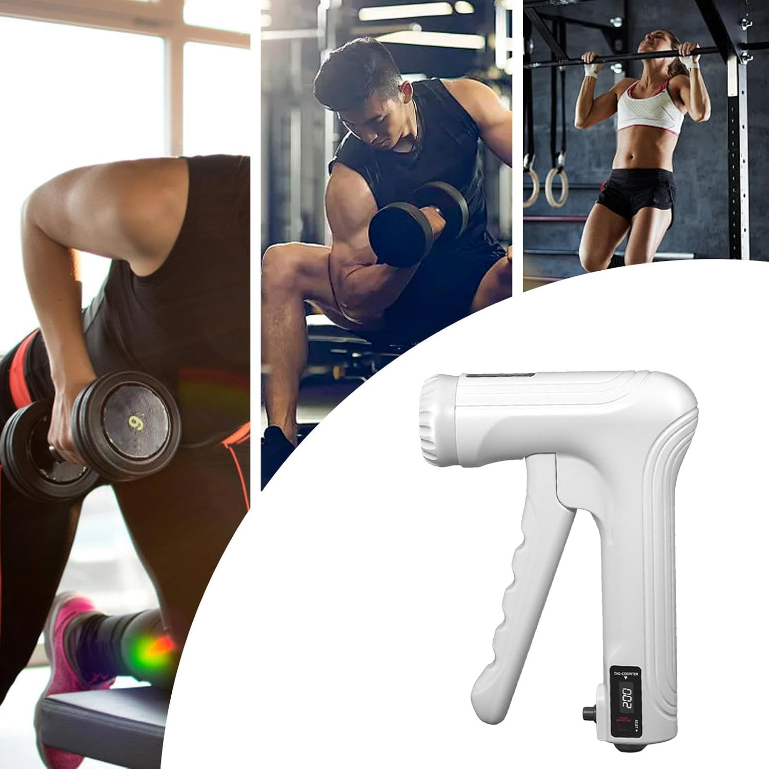 Collage aus drei Fitness-Szenen und einem weißen digitalen Handgriff-Zähler.
