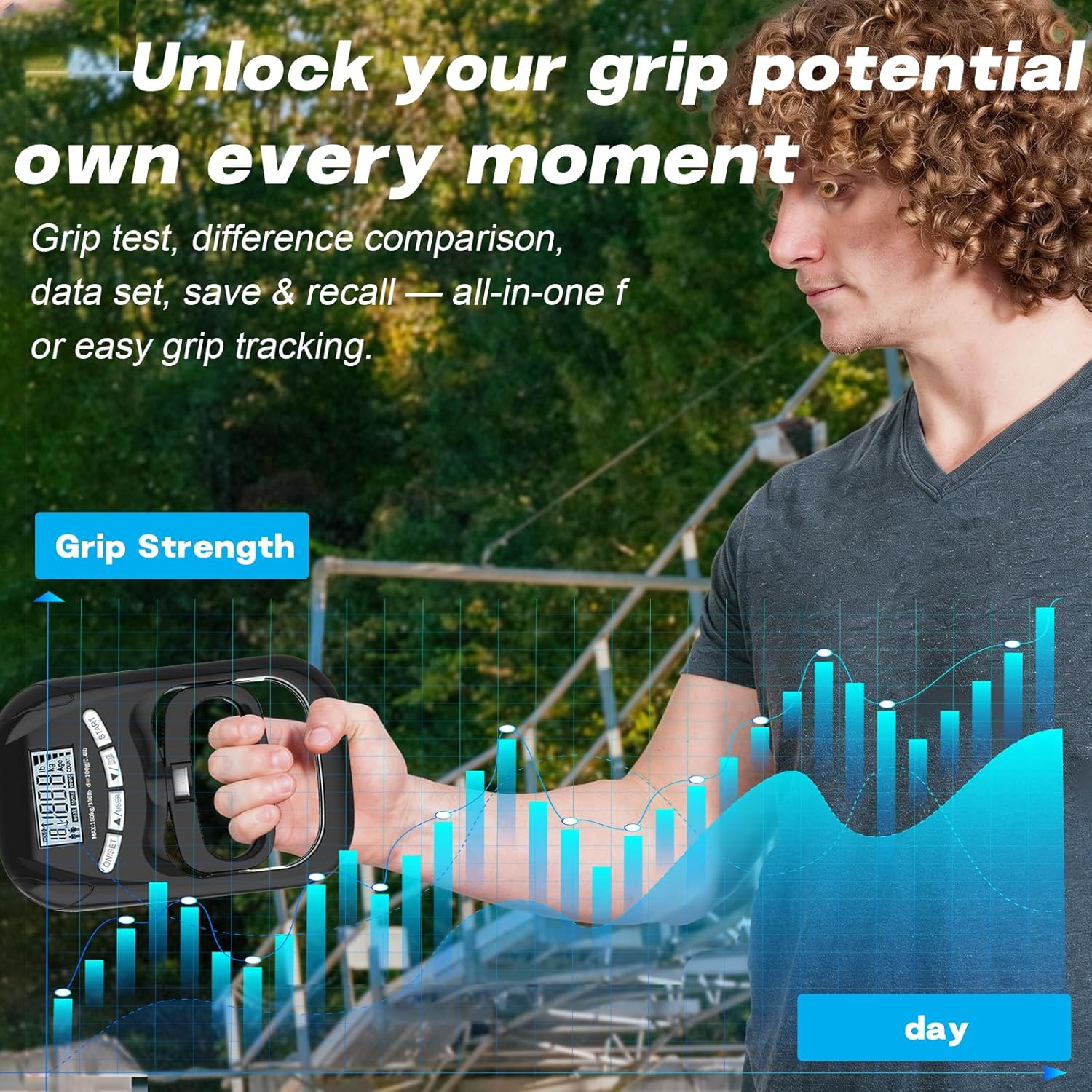Mann hält Handgriff-Dynamometer mit Diagramm im Hintergrund.
