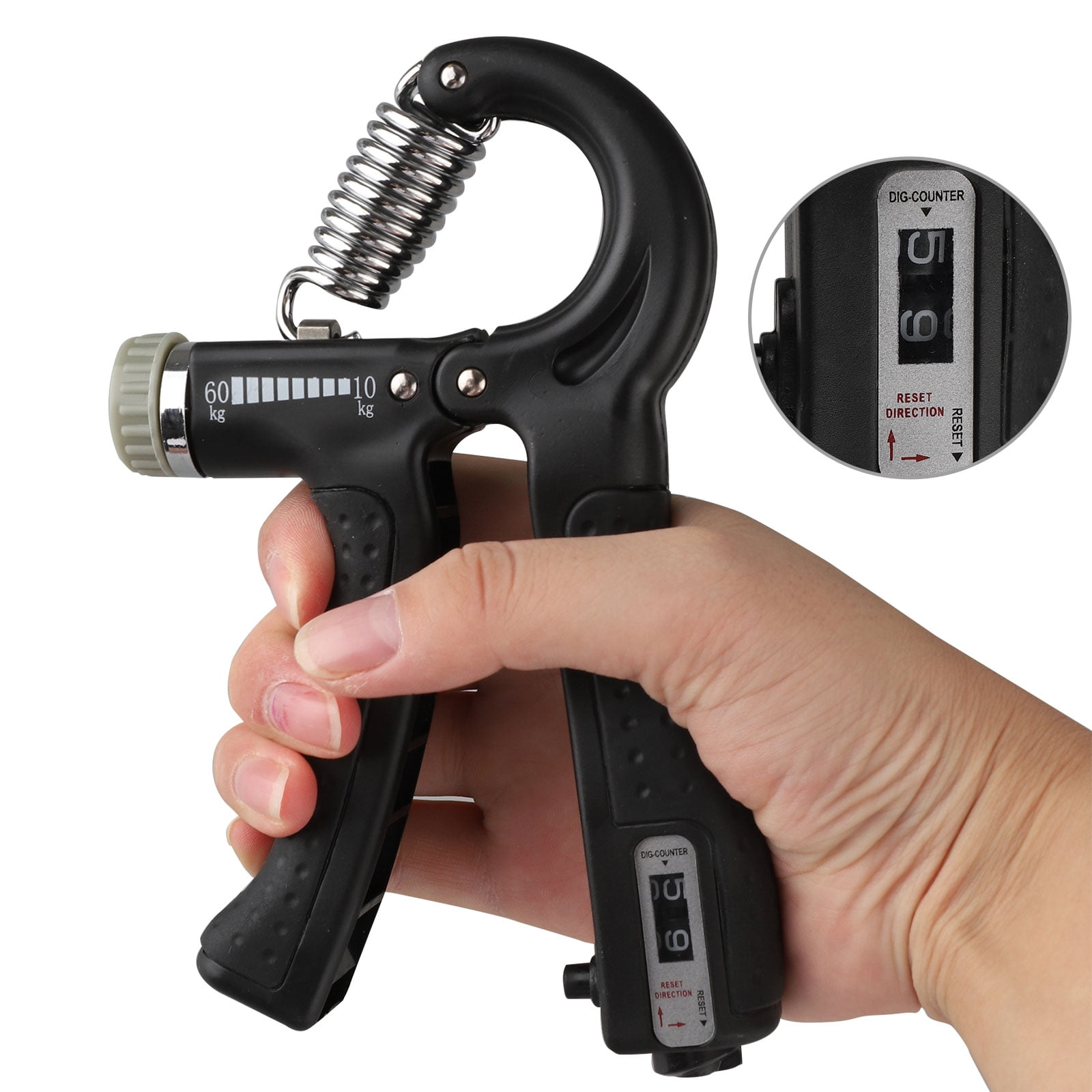 Schwarzer Handtrainer mit Feder, einstellbarem Widerstand und Zähler.