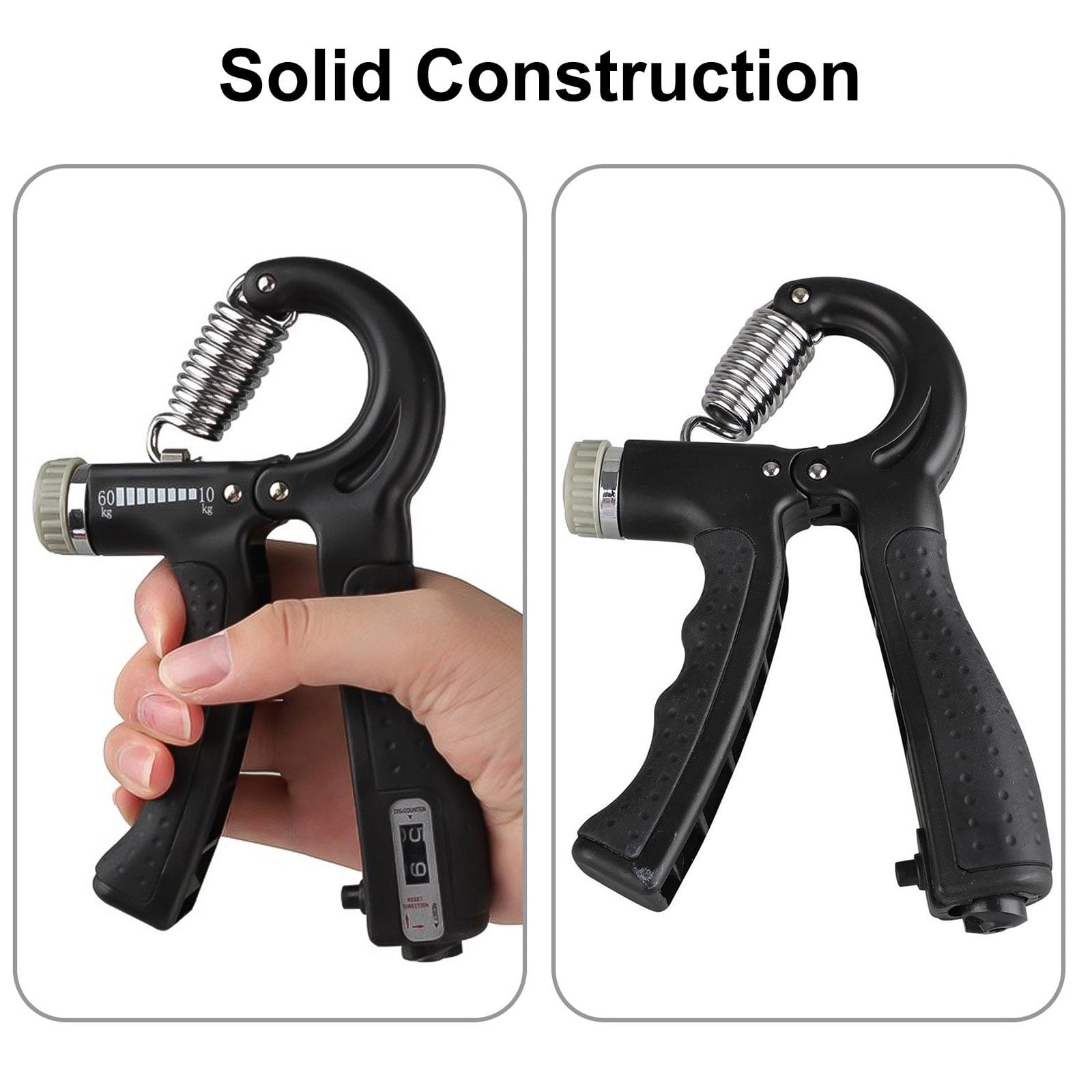 Schwarzer Handtrainer mit verstellbarem Gewicht, von einer Hand gehalten.