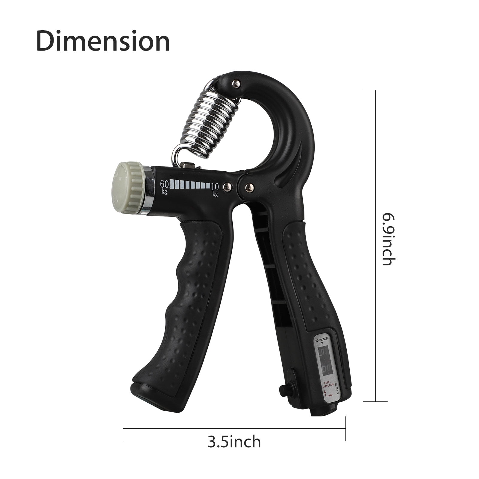 Schwarzer Handtrainer mit Metallfeder, digitaler Zähler und Maßen.