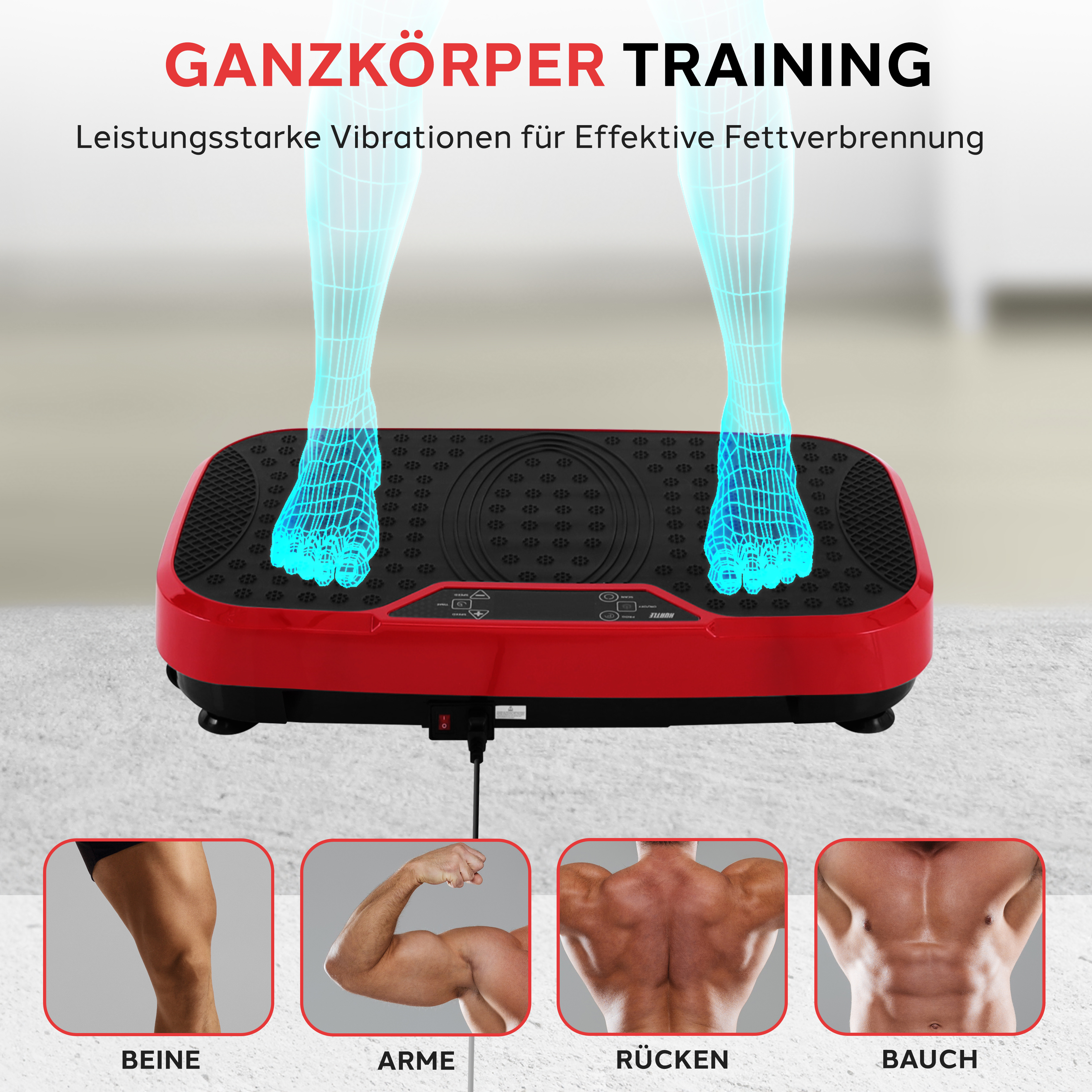 Ein rotes Vibrationsgerät mit einer blauen Drahtgitter-Darstellung eines Körpers.