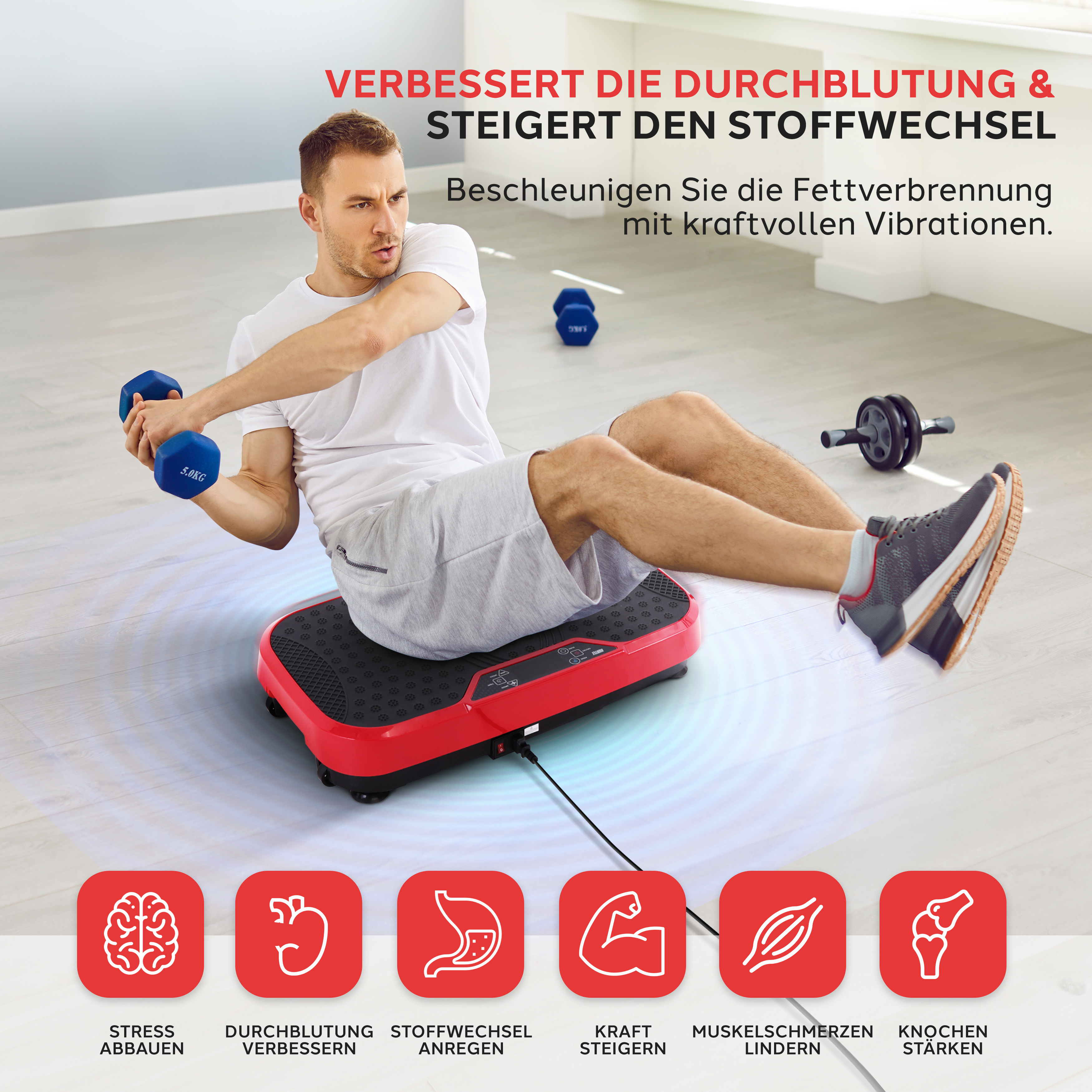 Mann auf Vibrationsplatte mit Hanteln, reduziert Stress, verbessert Durchblutung.
