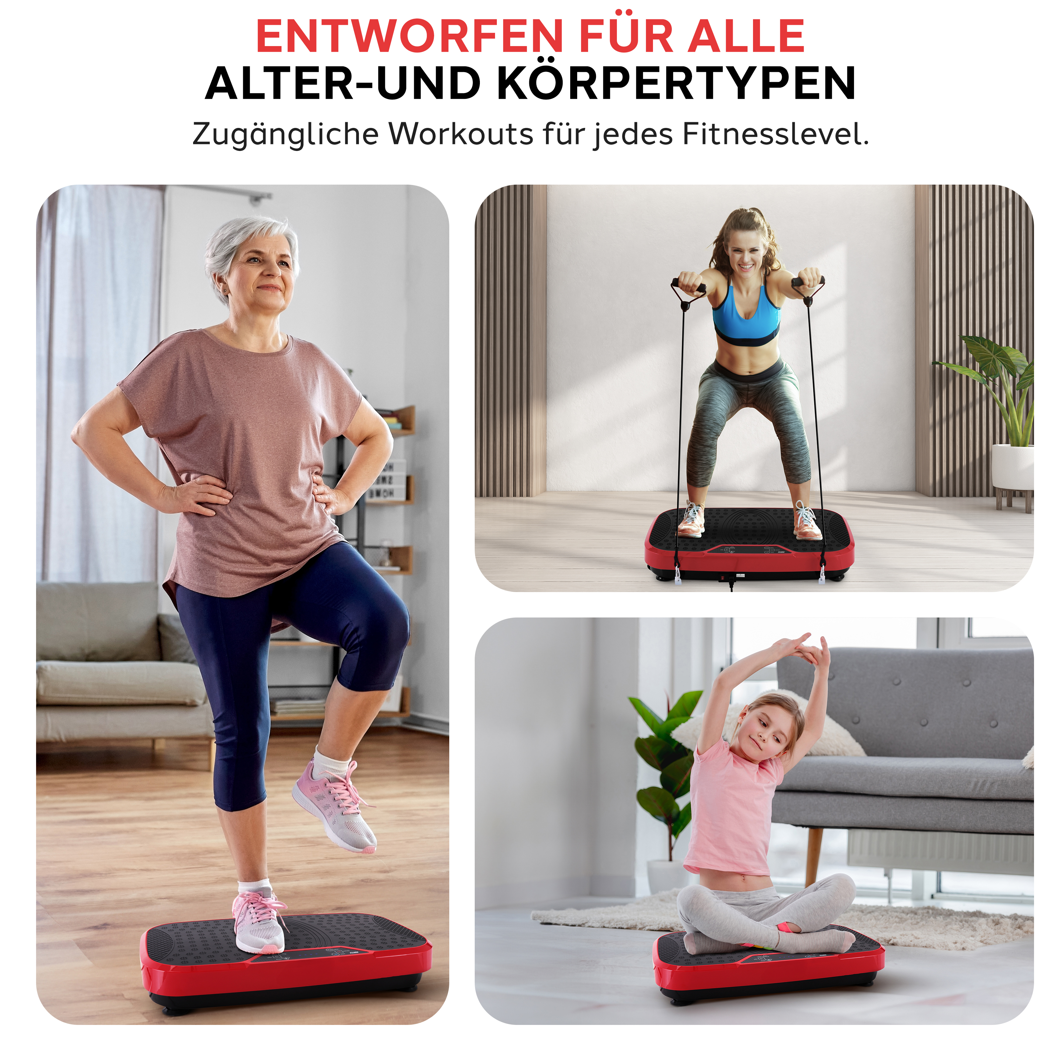 Ältere Frau, junge Frau und Kind trainieren auf Vibrationsplatten.