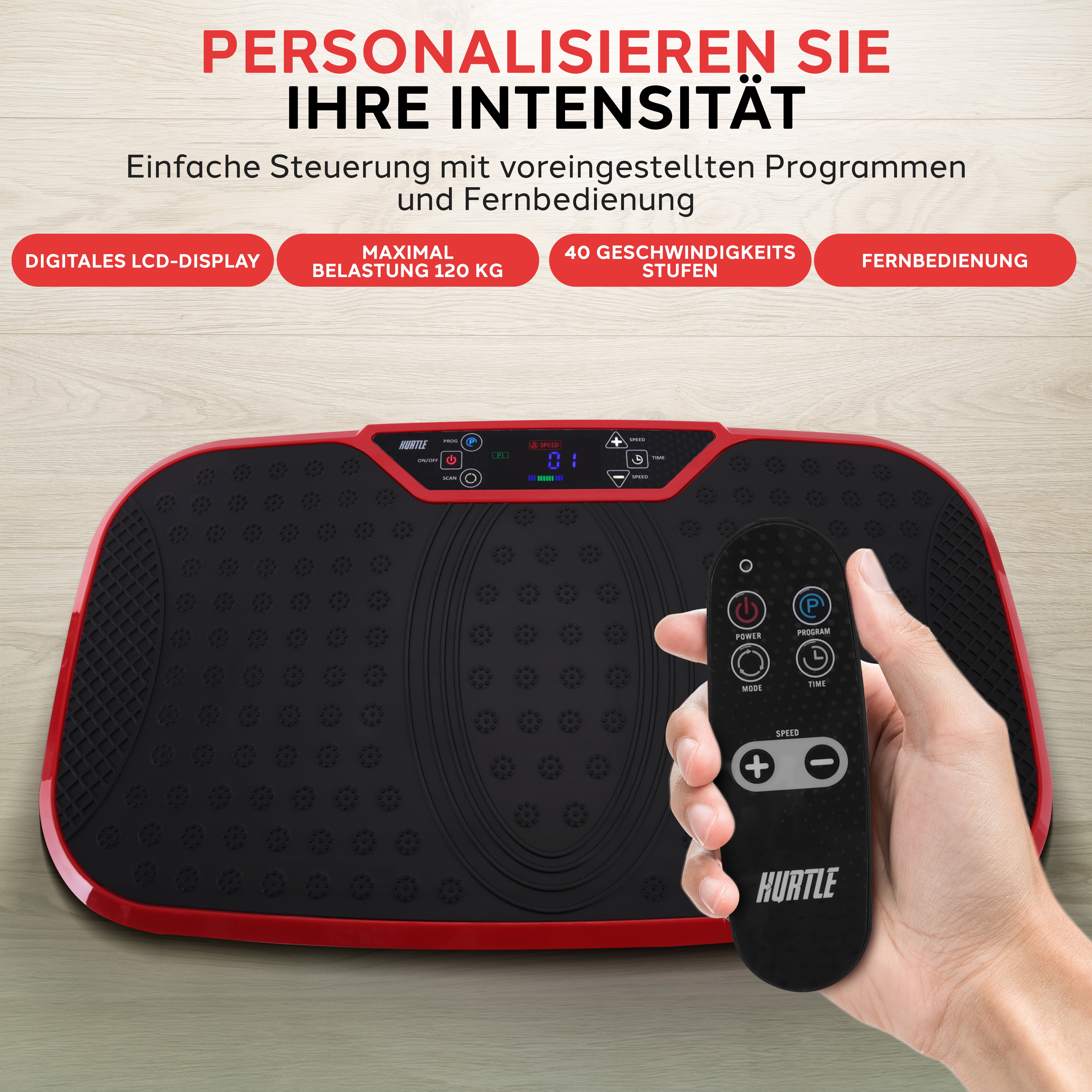 Schwarzes Vibrationsgerät mit rotem Rand, Fernbedienung in Hand, auf Holzhintergrund.
