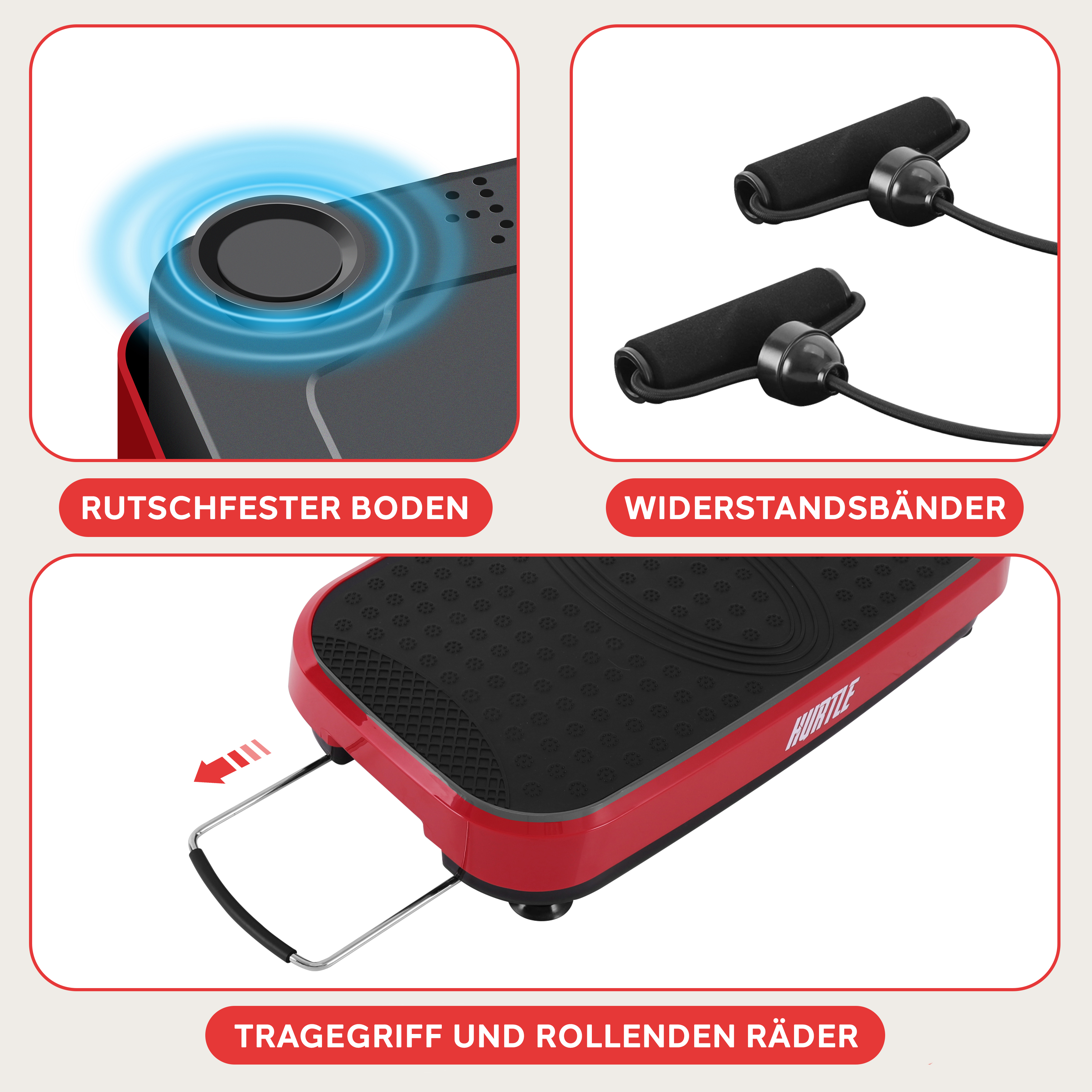 Rotes Trainingsgerät mit Griff und Widerstandsbändern.