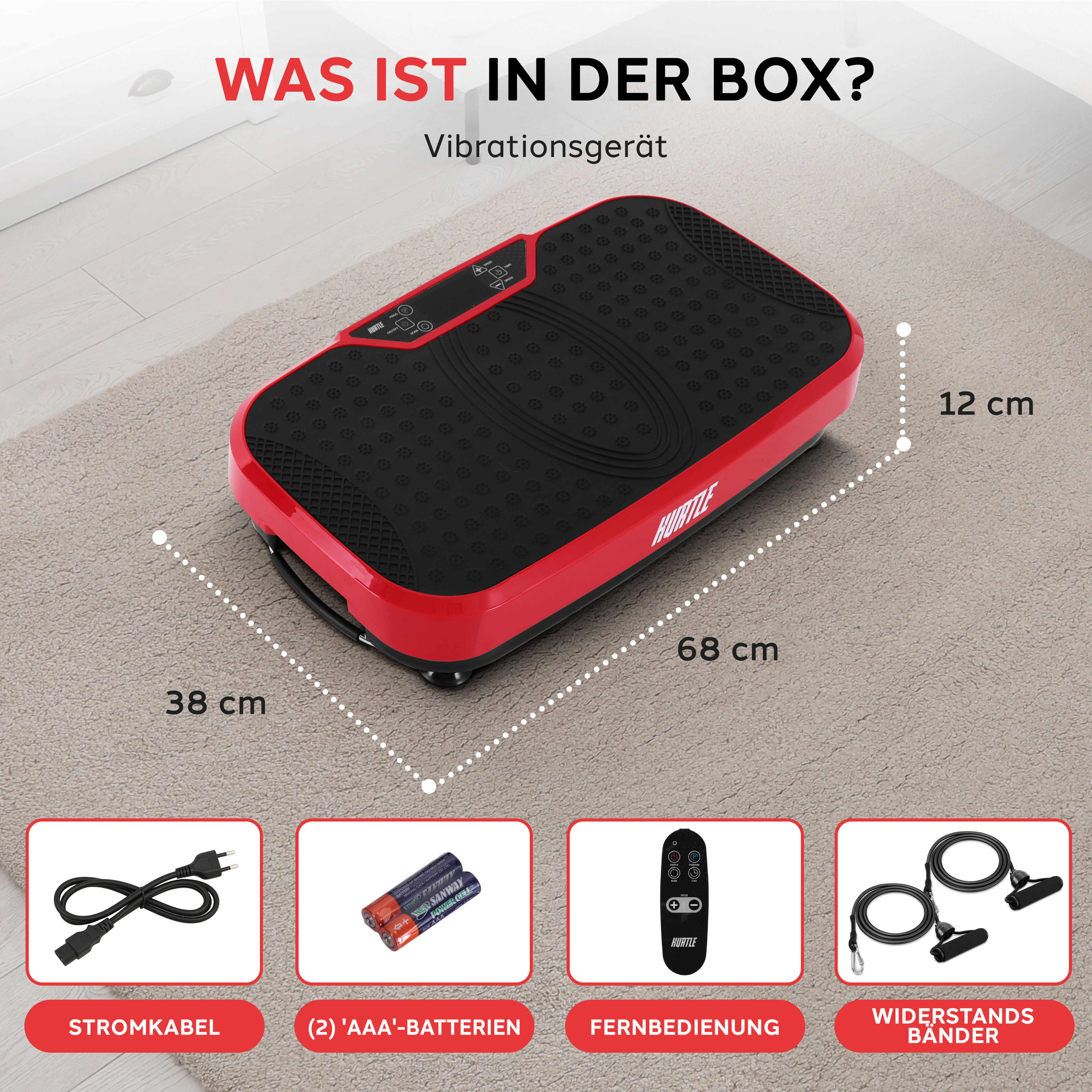 Vibrationsgerät mit Zubehör: Stromkabel, Batterien, Fernbedienung, Widerstandsbänder.