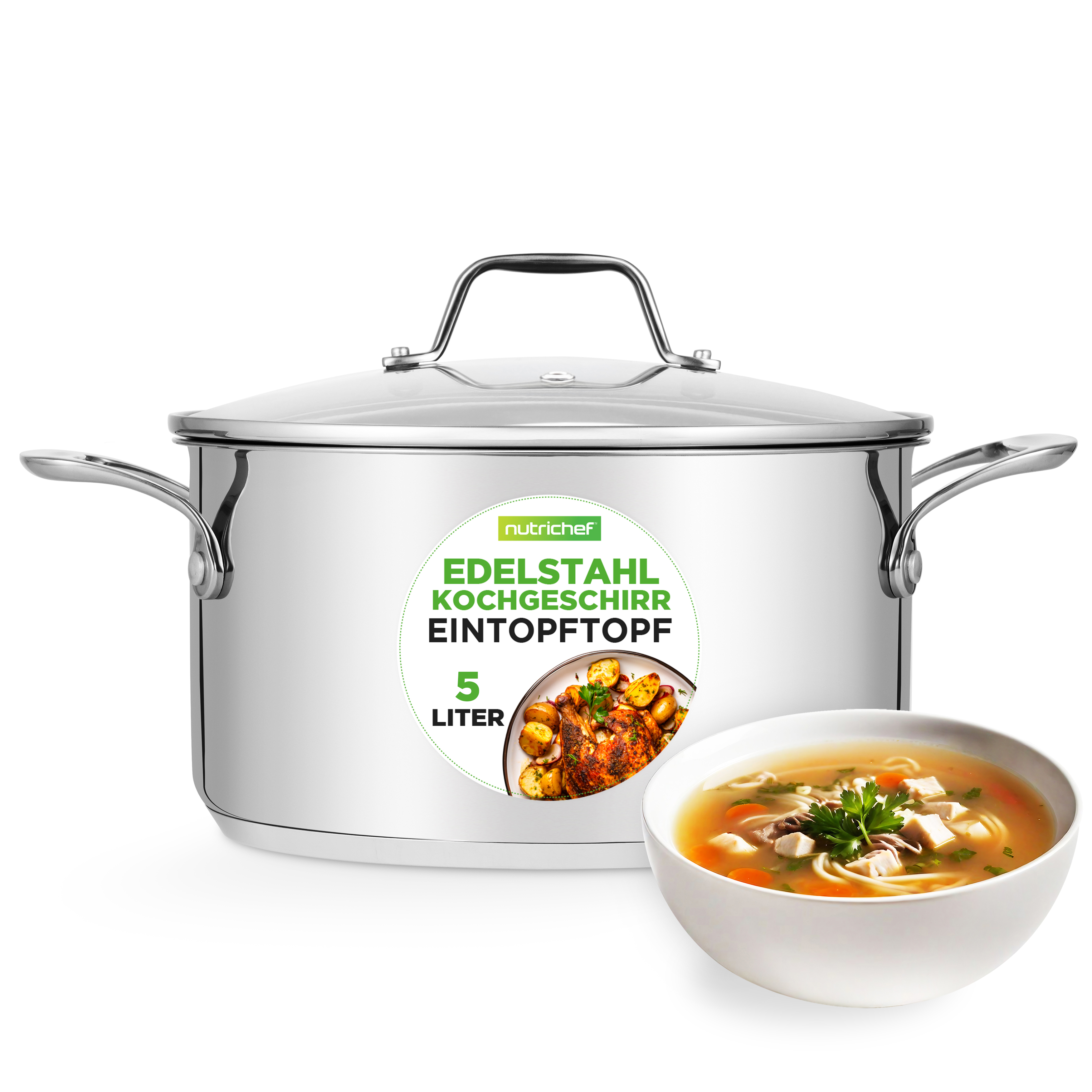Edelstahlkochtopf mit Deckel und einer Schüssel Nudelsuppe daneben.