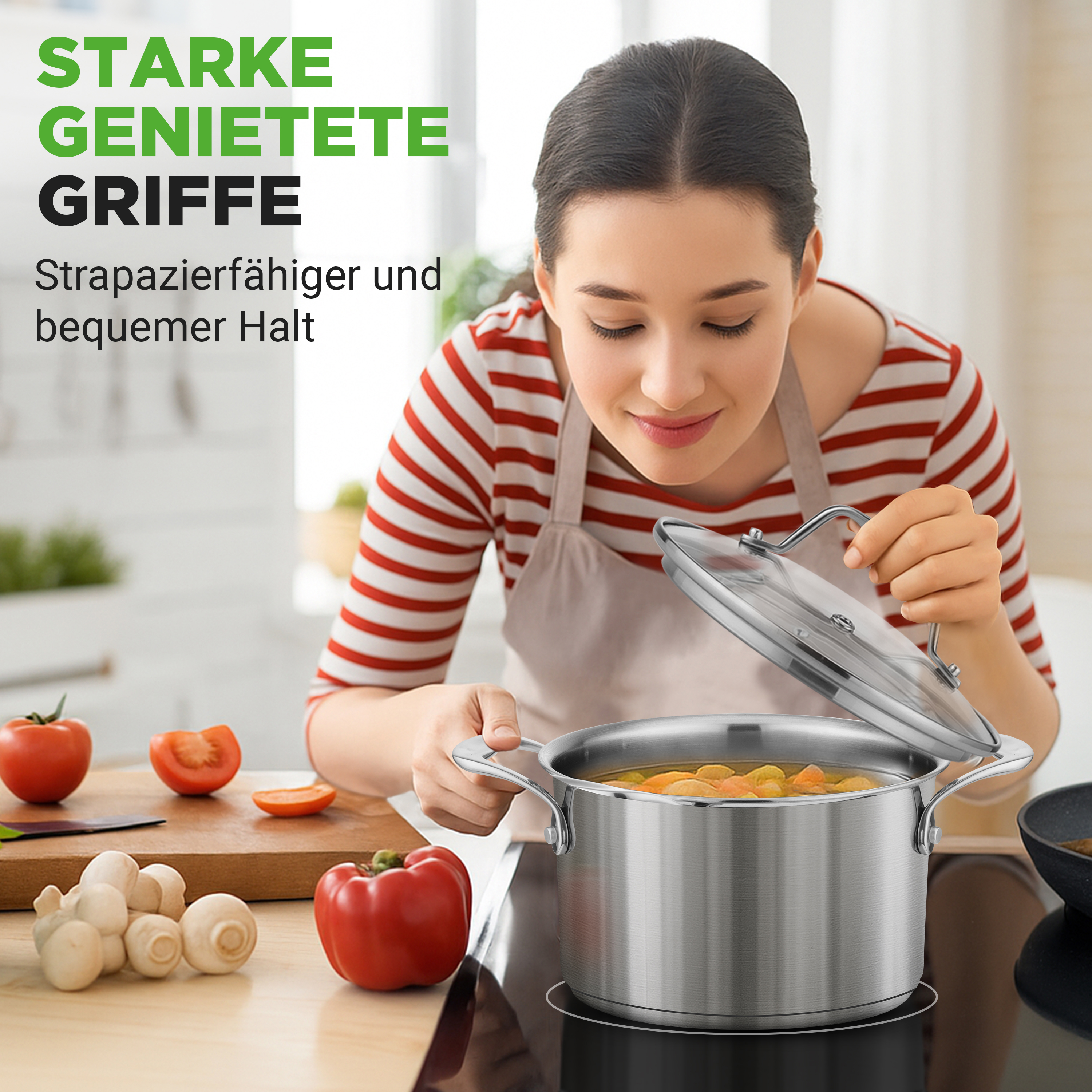 Eine Frau kocht in einem Edelstahltopf auf einem Induktionskochfeld.