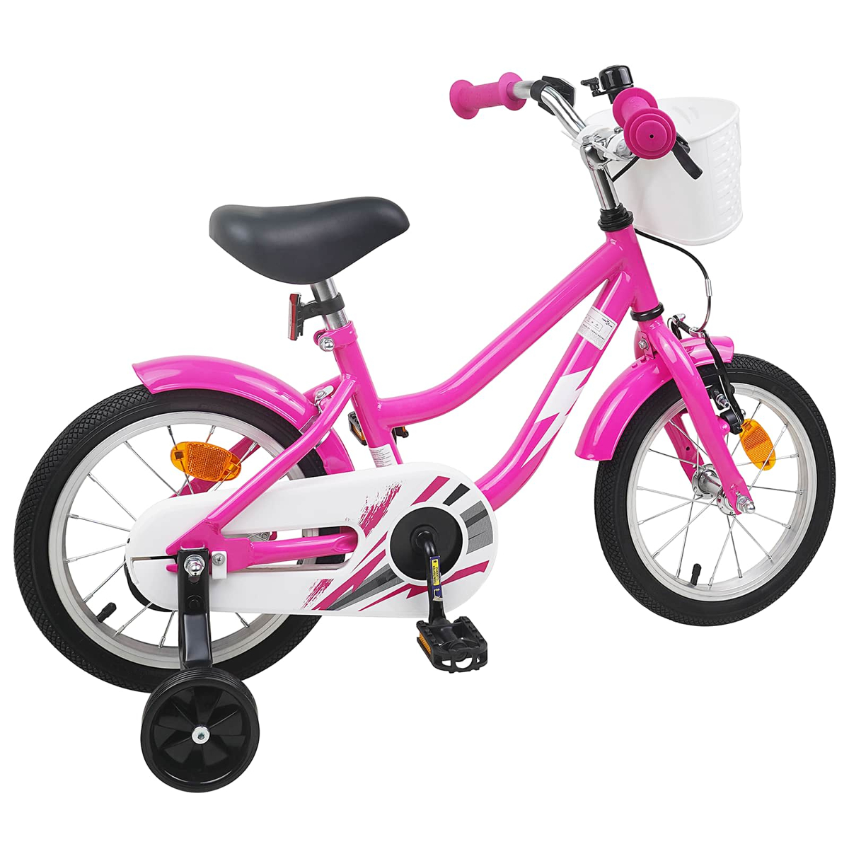 Ein pinkes Kinderfahrrad mit Stützrädern, Korb und Klingel.