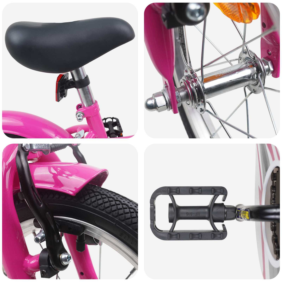 Nahaufnahme eines pinken Kinderfahrrads: Sattel, Vorderradnabe, Vorderradbremse und Pedal.