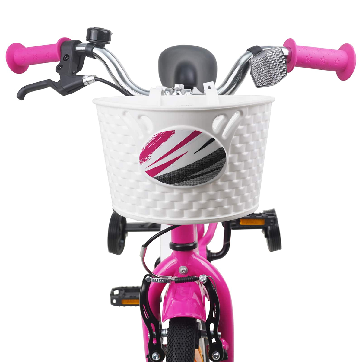 Vorderseite eines rosa Kinderfahrrads mit weißem Korb, Lenker und Stützrädern.