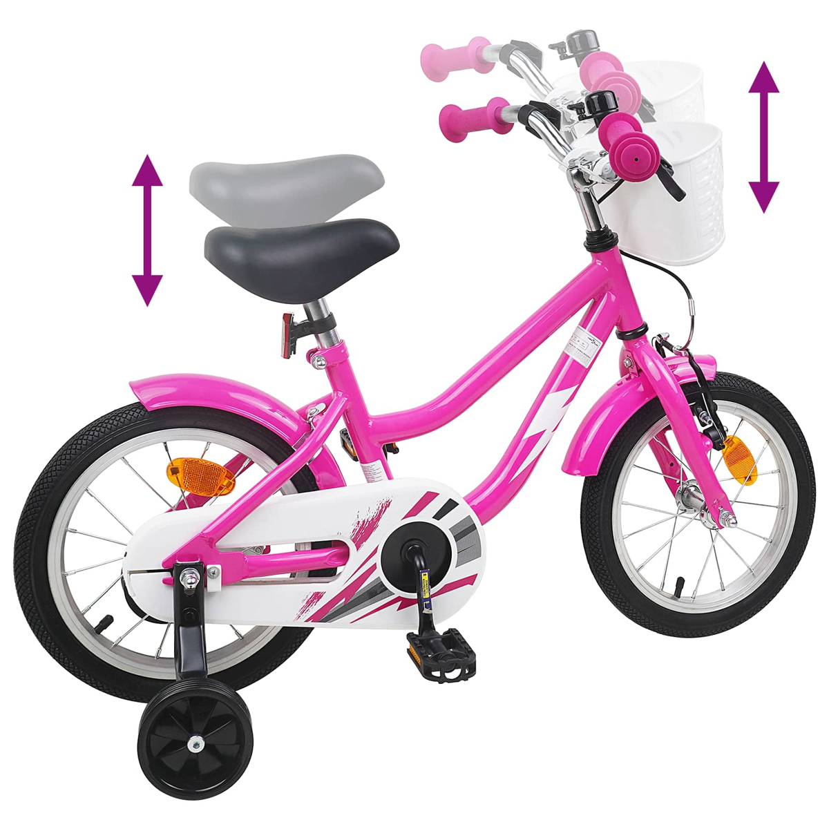 Ein pinkes Kinderfahrrad mit Stützrädern, Korb und verstellbarem Sattel.
