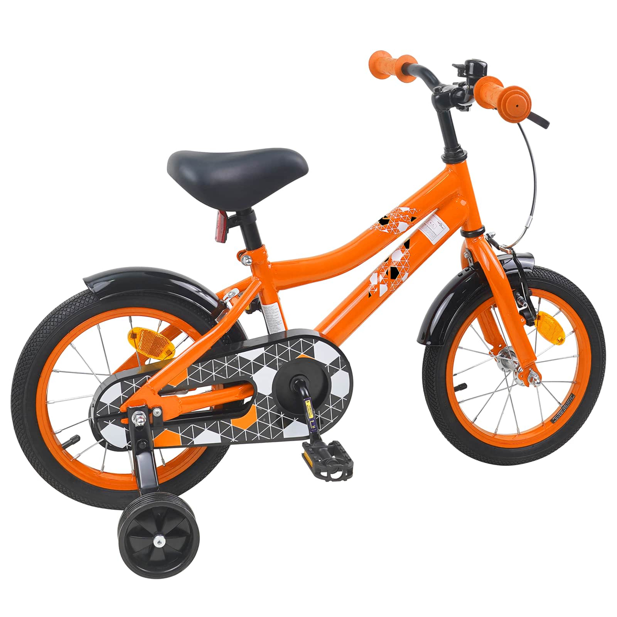 Ein leuchtend orangefarbenes Kinderfahrrad mit Stützrädern und schwarzen Schutzblechen.