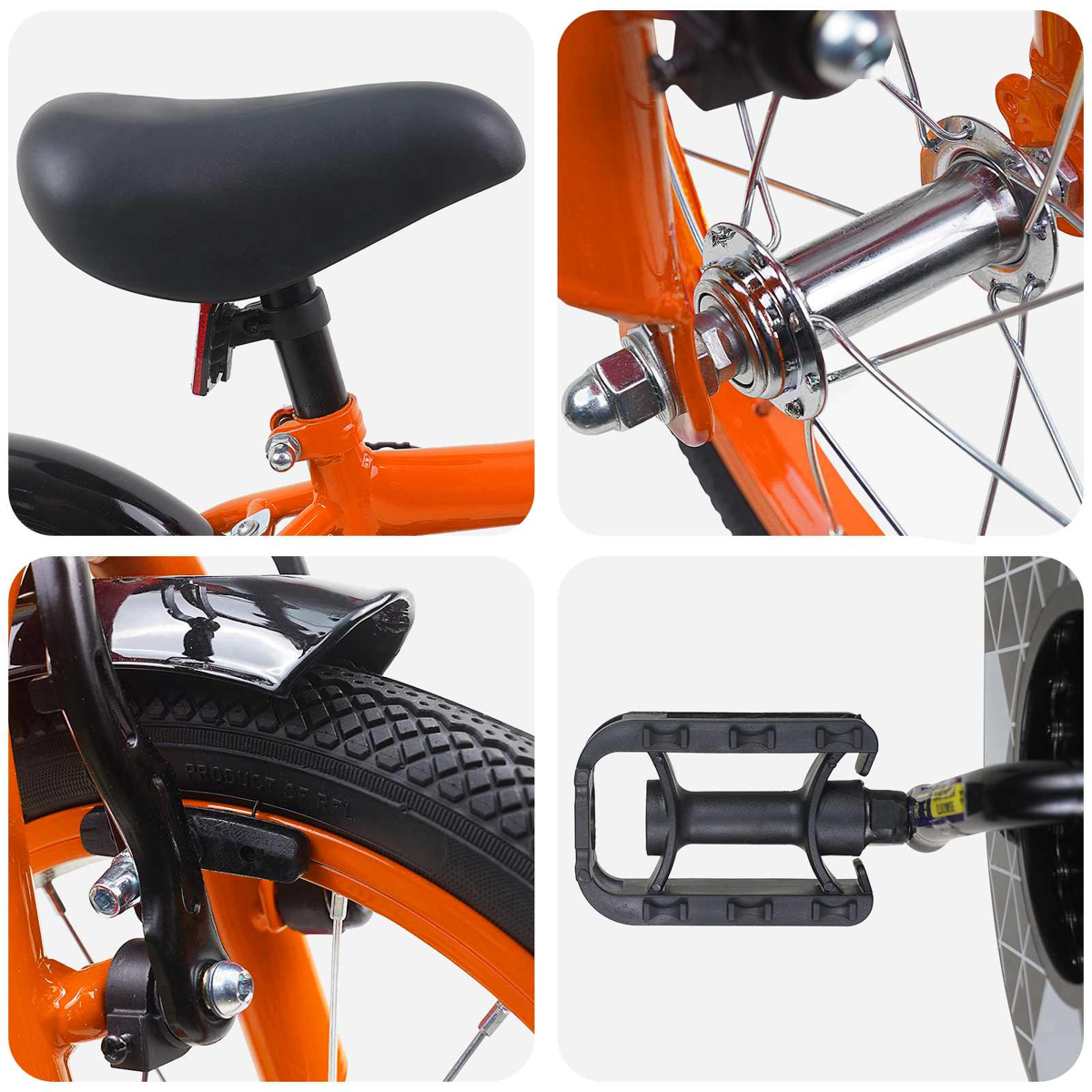 Vier Nahaufnahmen eines orangefarbenen Fahrrads: Sattel, Vorderradnabe, Bremse am Rad und Pedal.