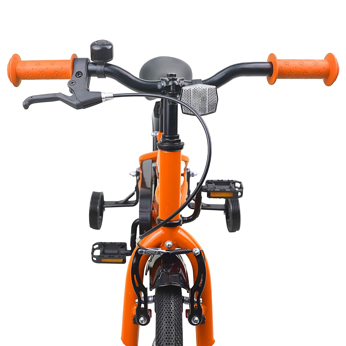 Orange Fahrradlenker mit schwarzen Griffen, Klingel und Bremshebel. Stützräder sichtbar.