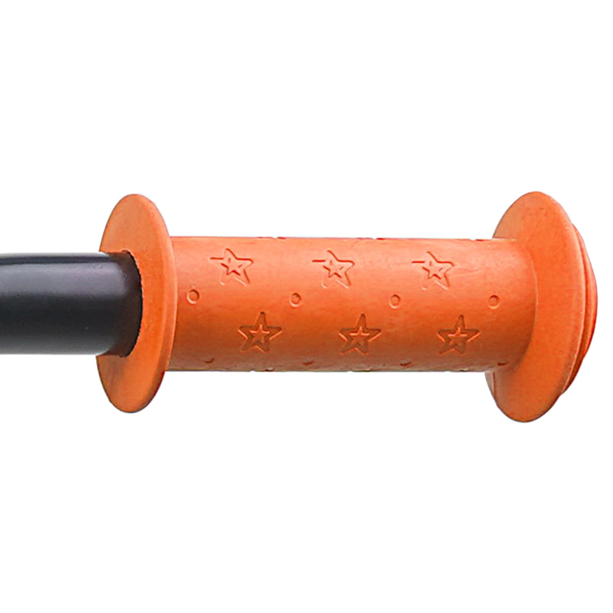 Orangefarbener Griff mit Sternenmuster und schwarzer Stange.