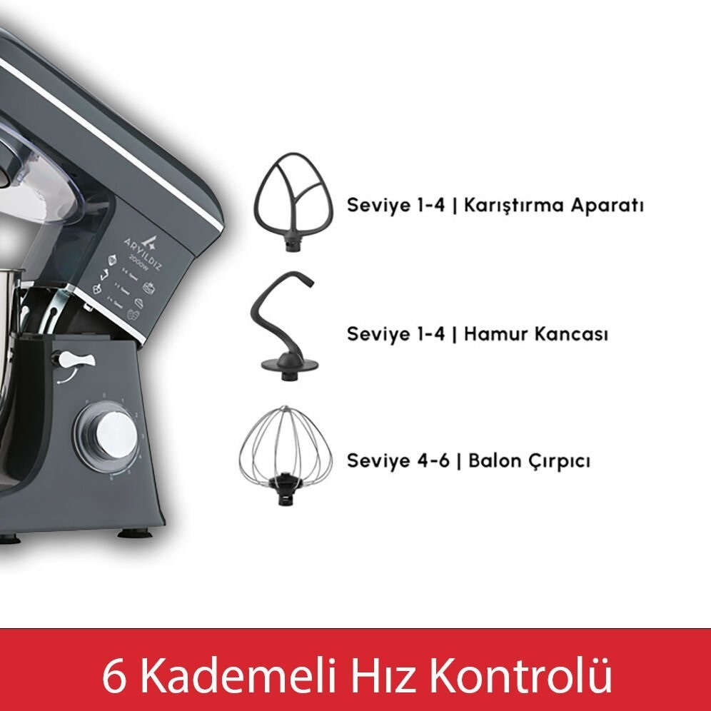 Stand mikseri, 3 aparat: çırpıcı, hamur kancası ve karıştırıcı.
