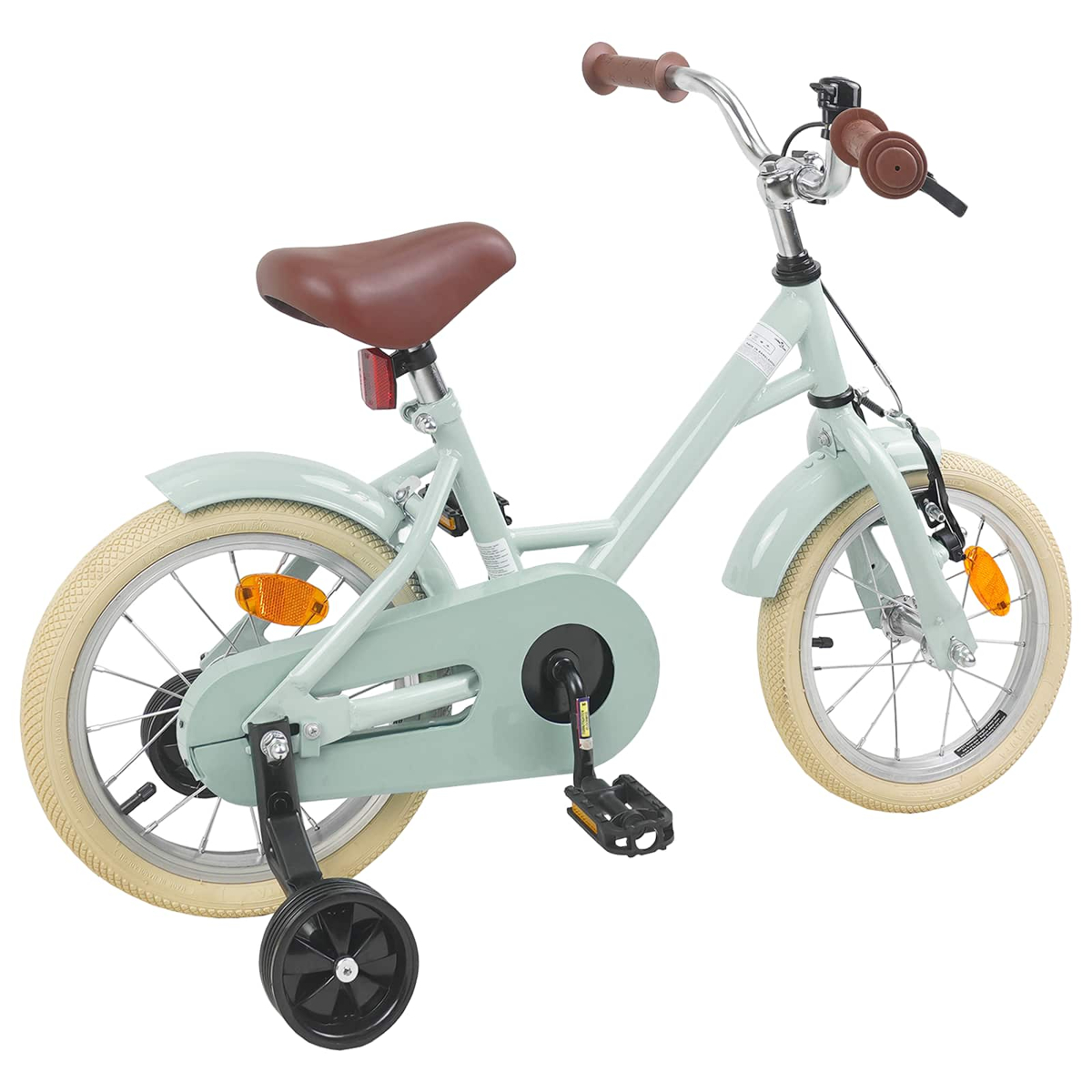 Ein mintgrünes Kinderfahrrad mit braunem Sattel, Stützrädern und cremefarbenen Reifen.