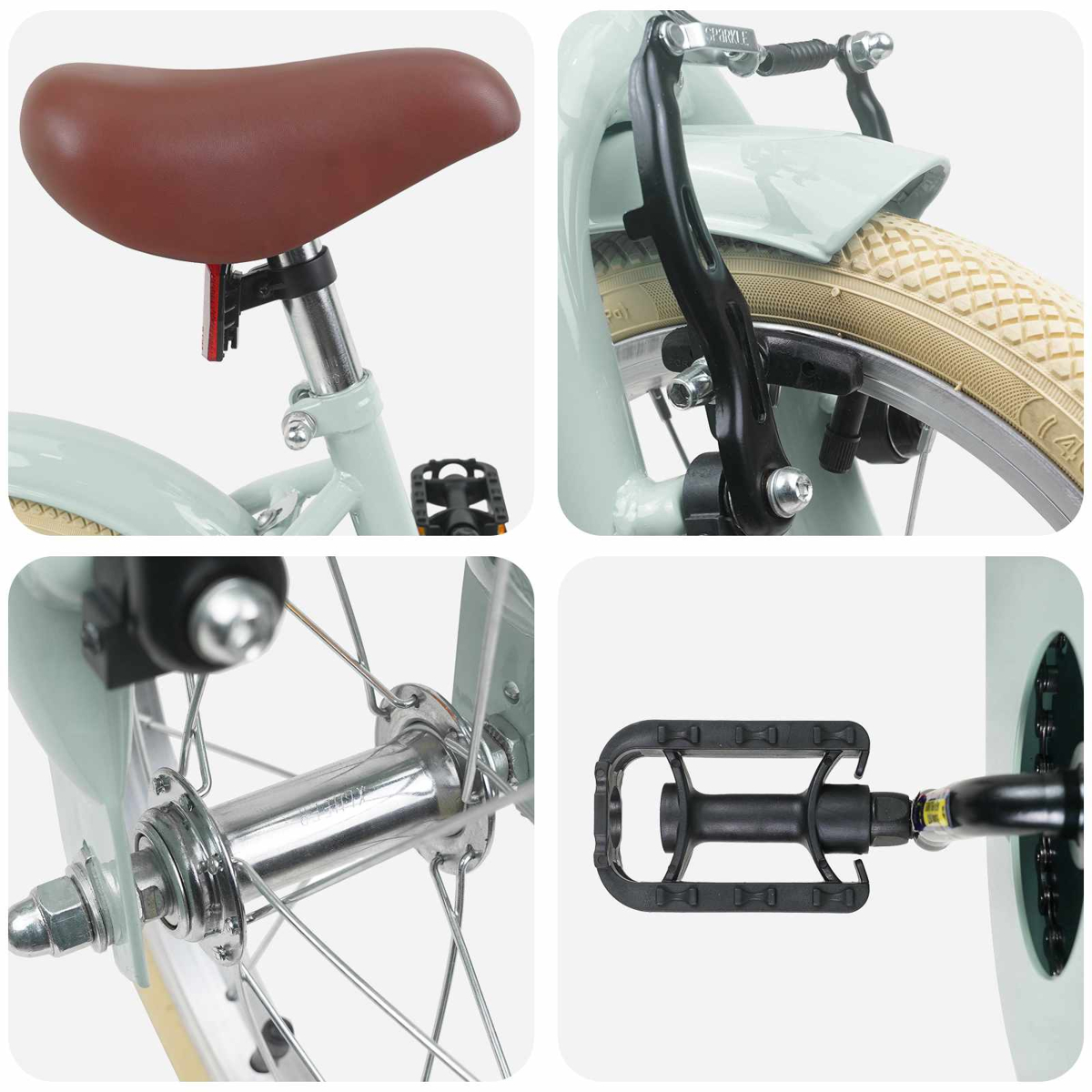 Details einer hellgrünen Kinderfahrrads: Sattel, Bremse, Radnabe, Pedal.