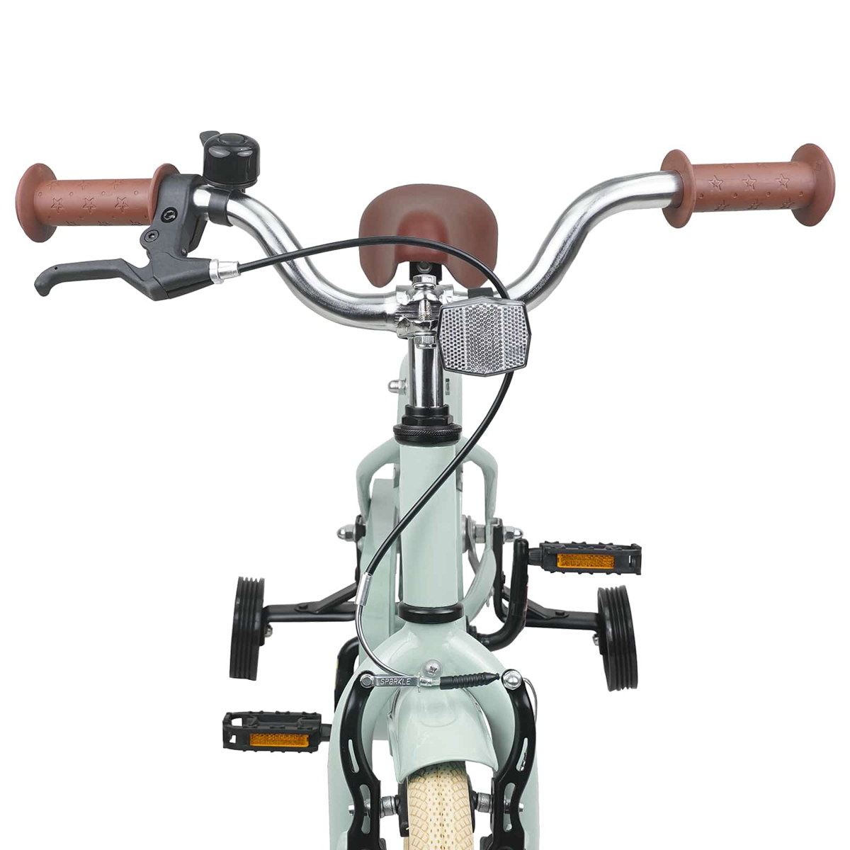 Hellblaue Fahrradlenker, braune Griffe mit Sternen, Klingel, Bremsen und Reflektor.
