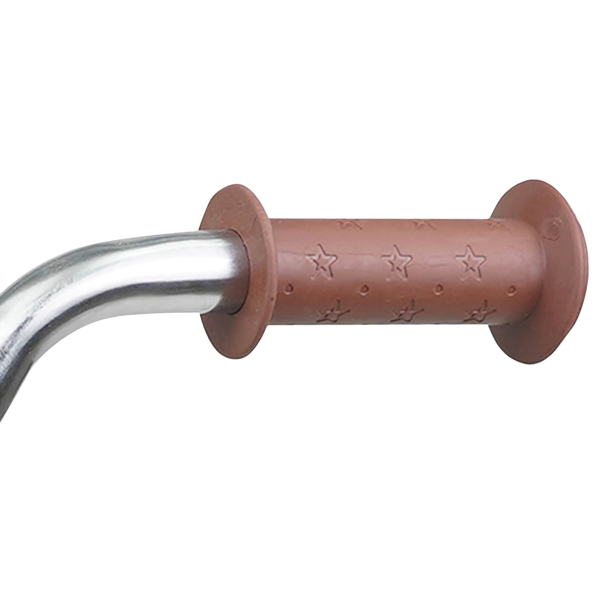 Brauner Lenkergriff mit Sternenmuster und einem silbernen Metallrohr.