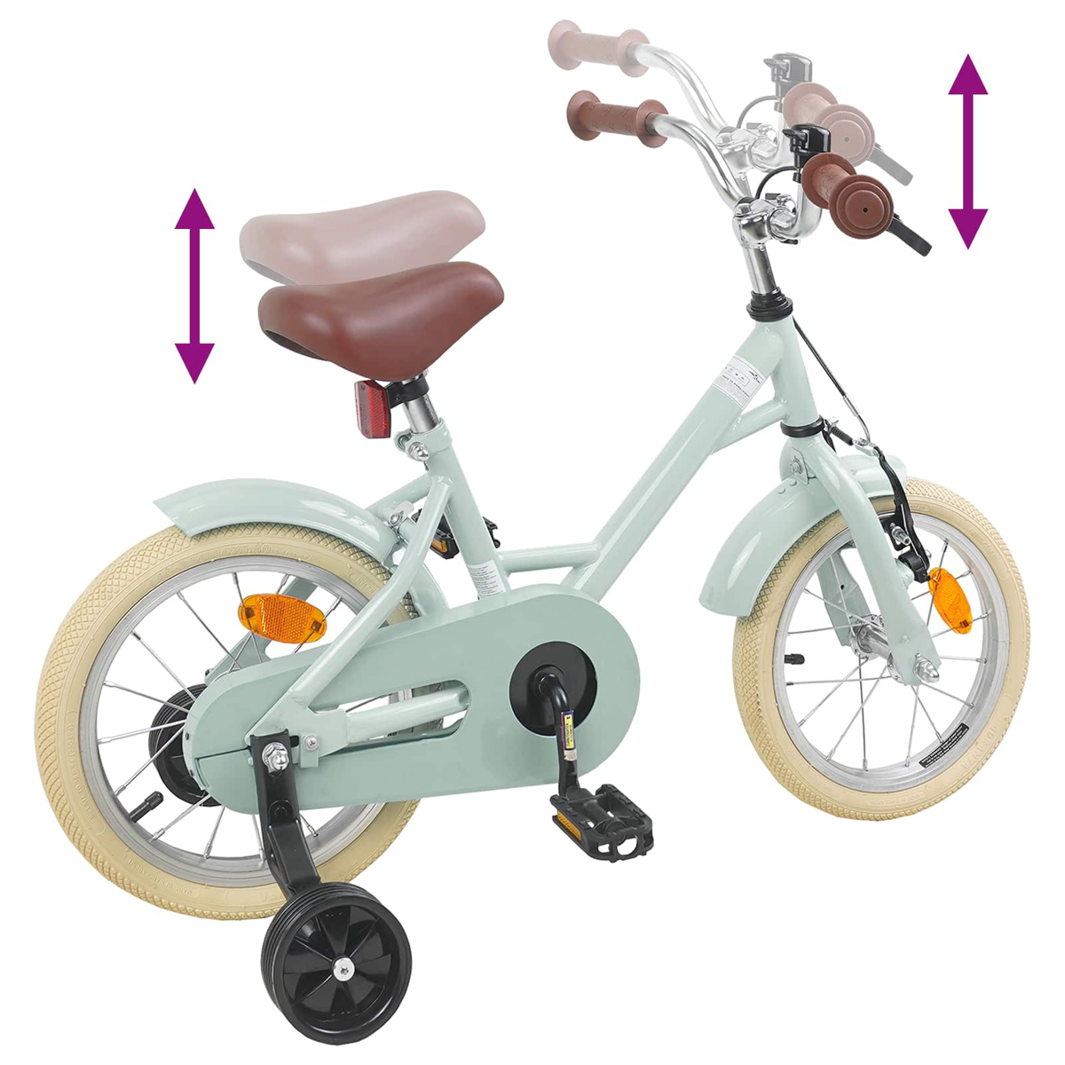 Ein mintgrünes Kinderfahrrad mit Stützrädern, braunem Sattel und Lenker.
