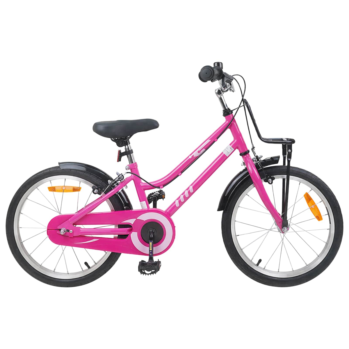 Ein pinkes Kinderfahrrad mit schwarzen Schutzblechen und einem Korb.
