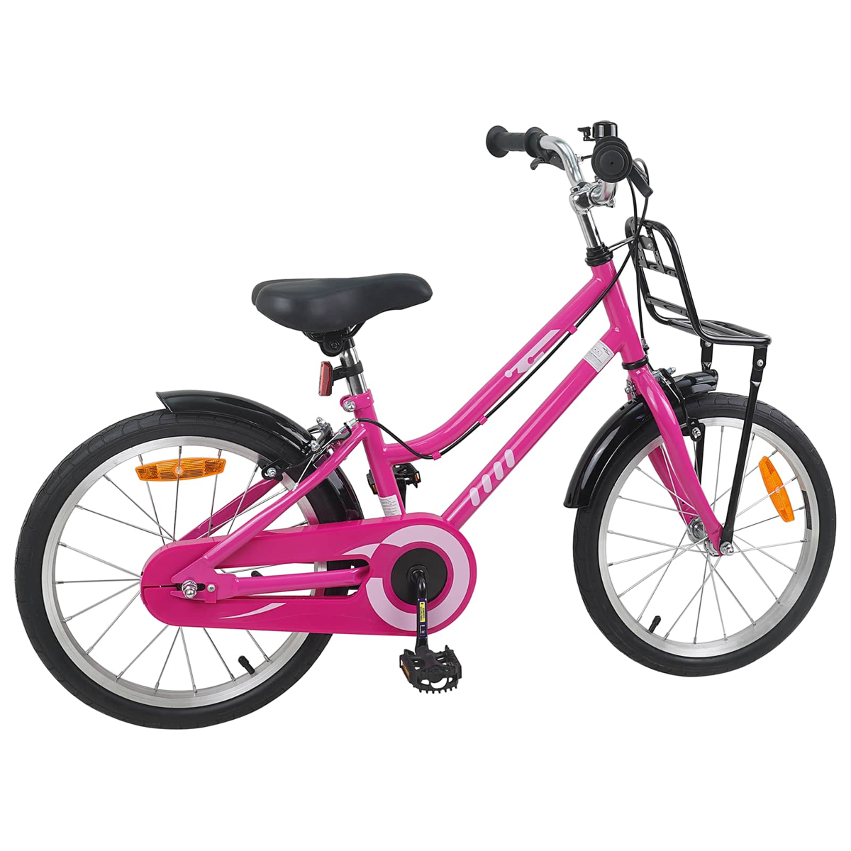 Ein pinkes Kinderfahrrad mit schwarzen Schutzblechen und Gepäckträger.