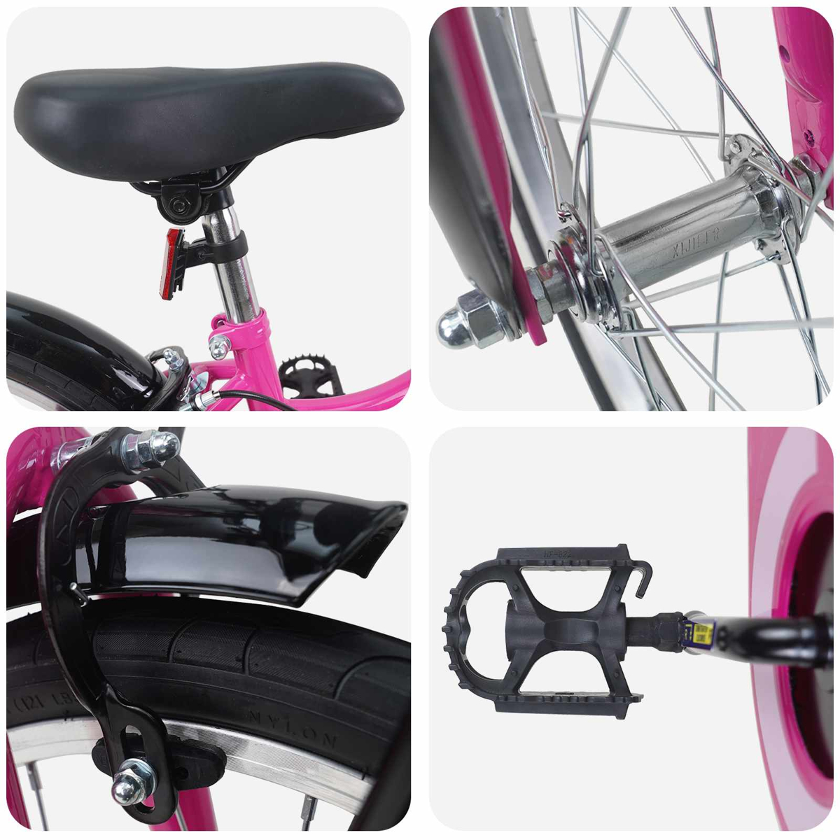 Nahaufnahme eines rosa Fahrrads: Sattel, Nabe, Bremse, Pedal.