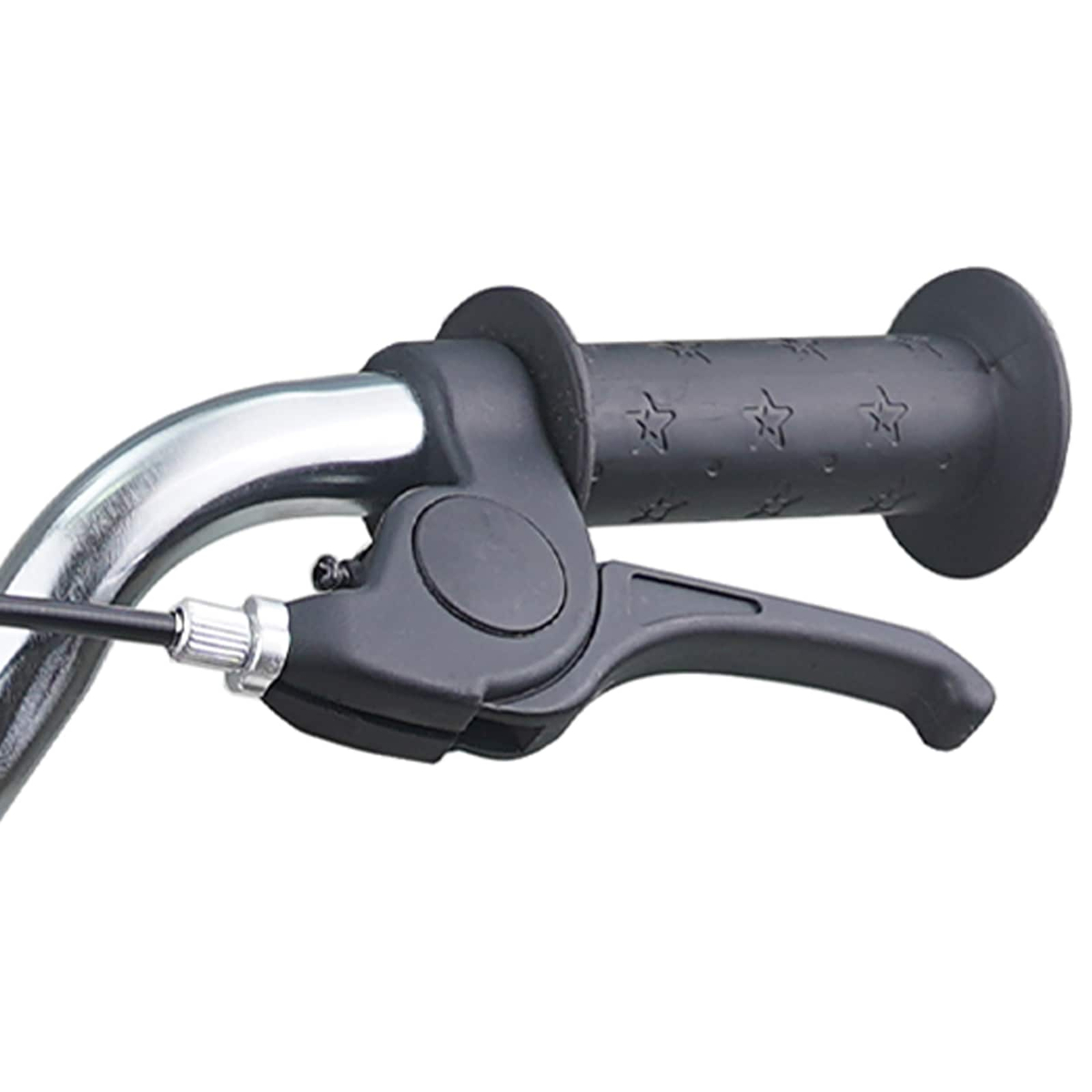 Nahaufnahme des Fahrradlenkers mit schwarzem Griff und Sternenmuster.