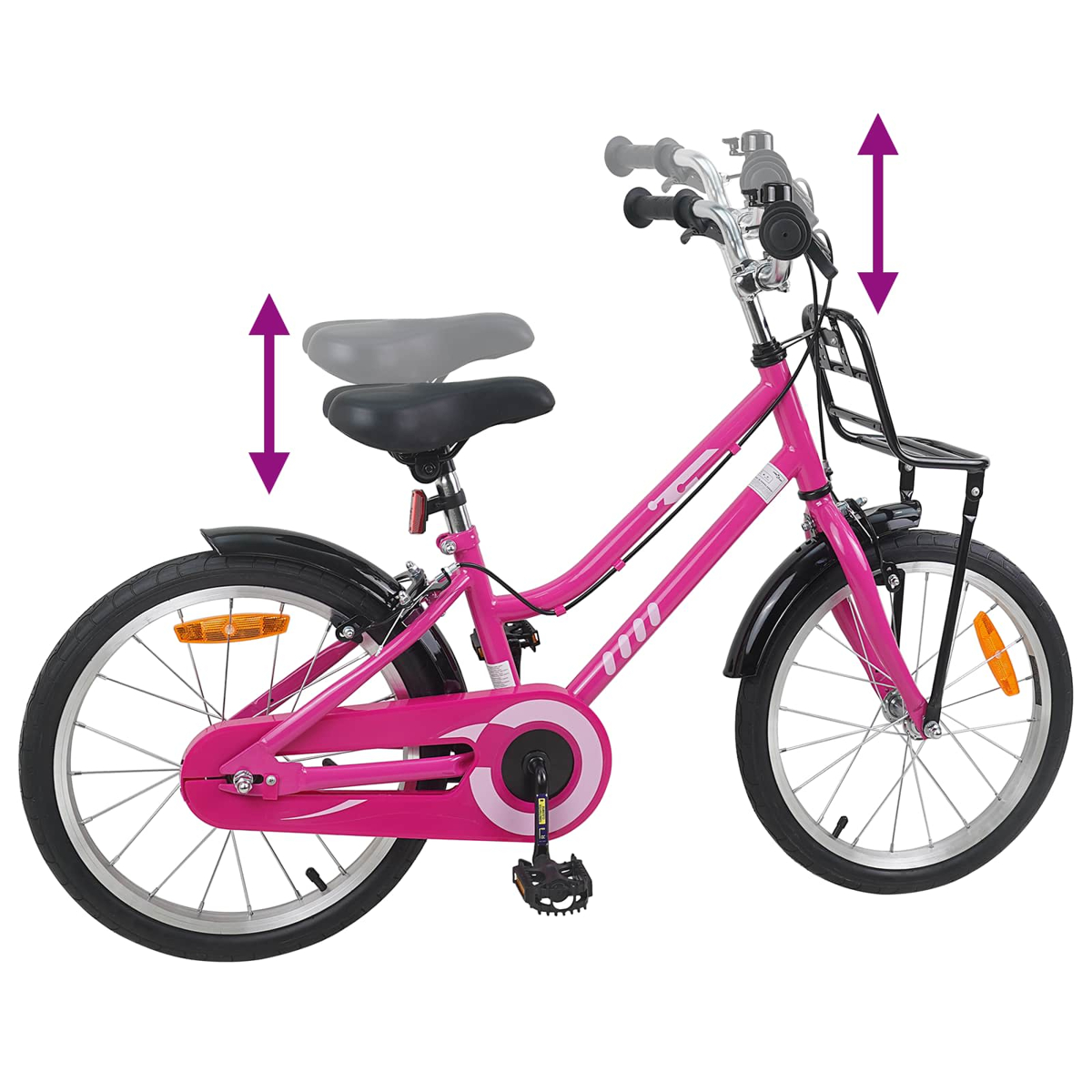 Ein pinkes Kinderfahrrad mit verstellbarem Sattel und Lenker.