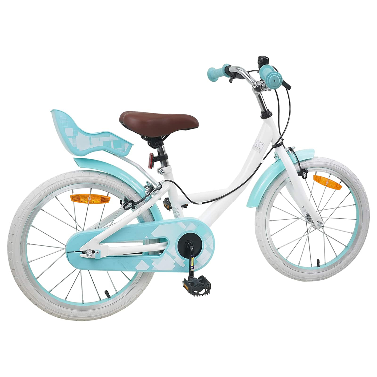 Ein weißes Kinderfahrrad mit hellblauen Akzenten, braunem Sattel und Kindersitz.