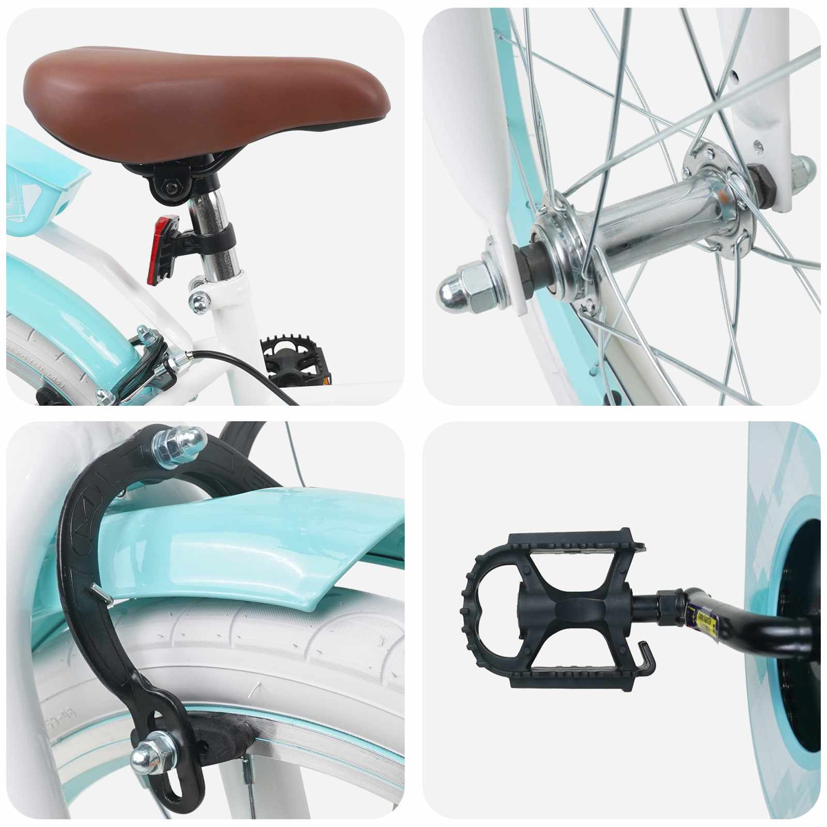 Collage mit Nahaufnahmen eines hellblauen Fahrrads: Sattel, Vorderradnabe, Bremse und Pedal.