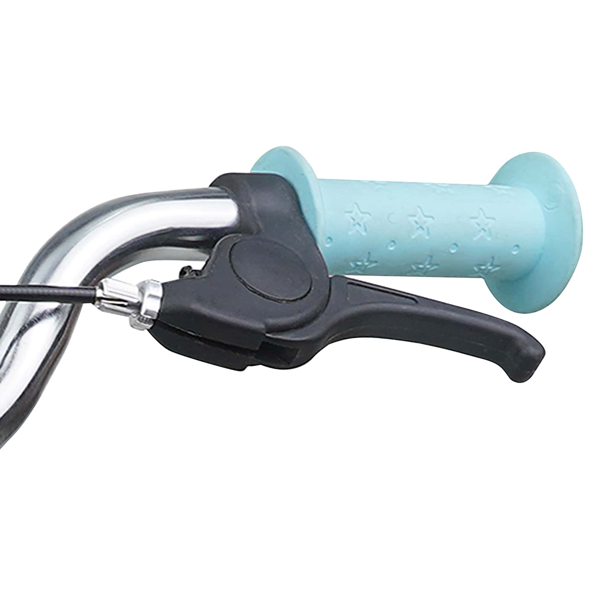 Ein blauer Fahrradgriff mit Sternen und ein schwarzer Bremshebel.