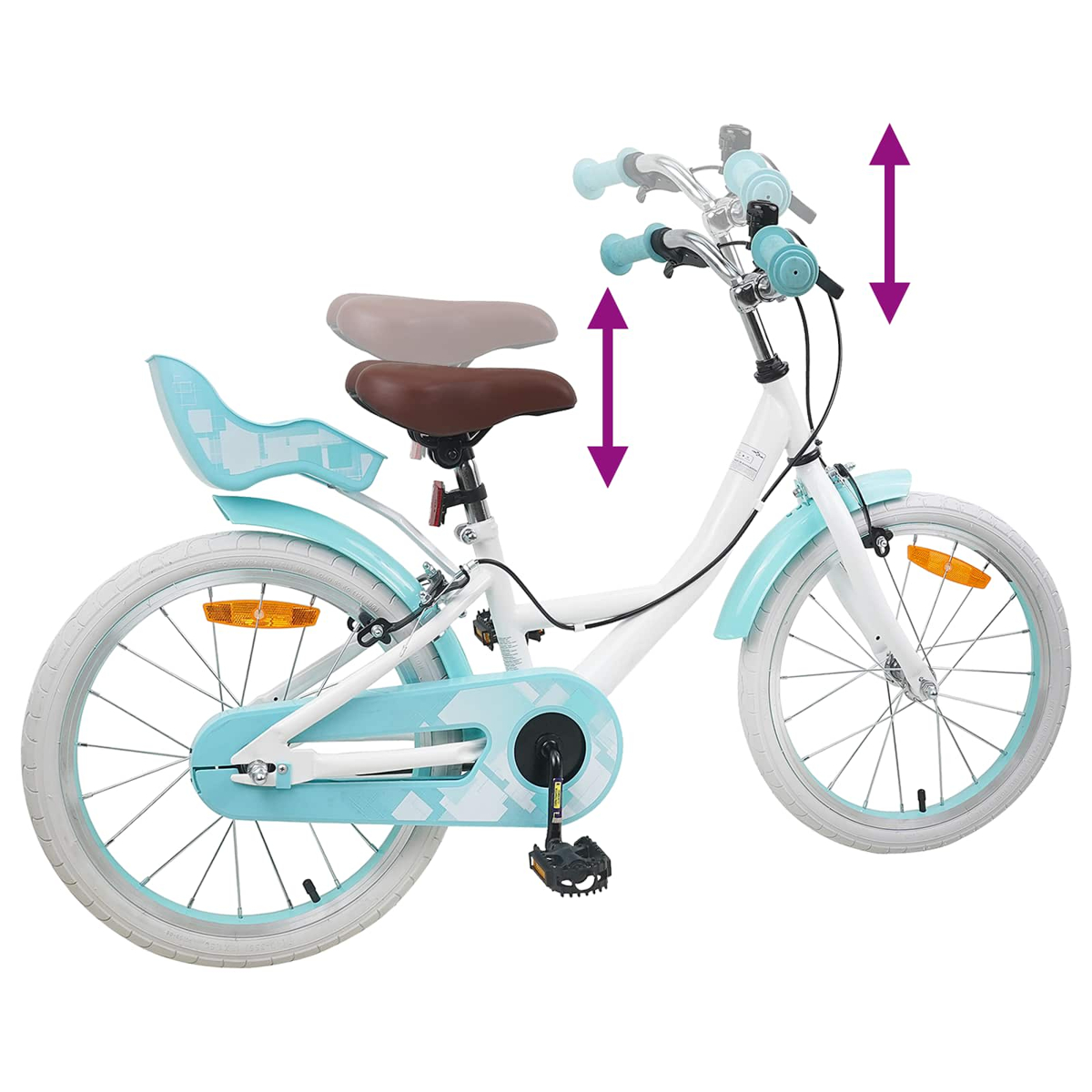 Weißes Fahrrad mit hellblauen Akzenten, verstellbarer Sitz und Lenker.