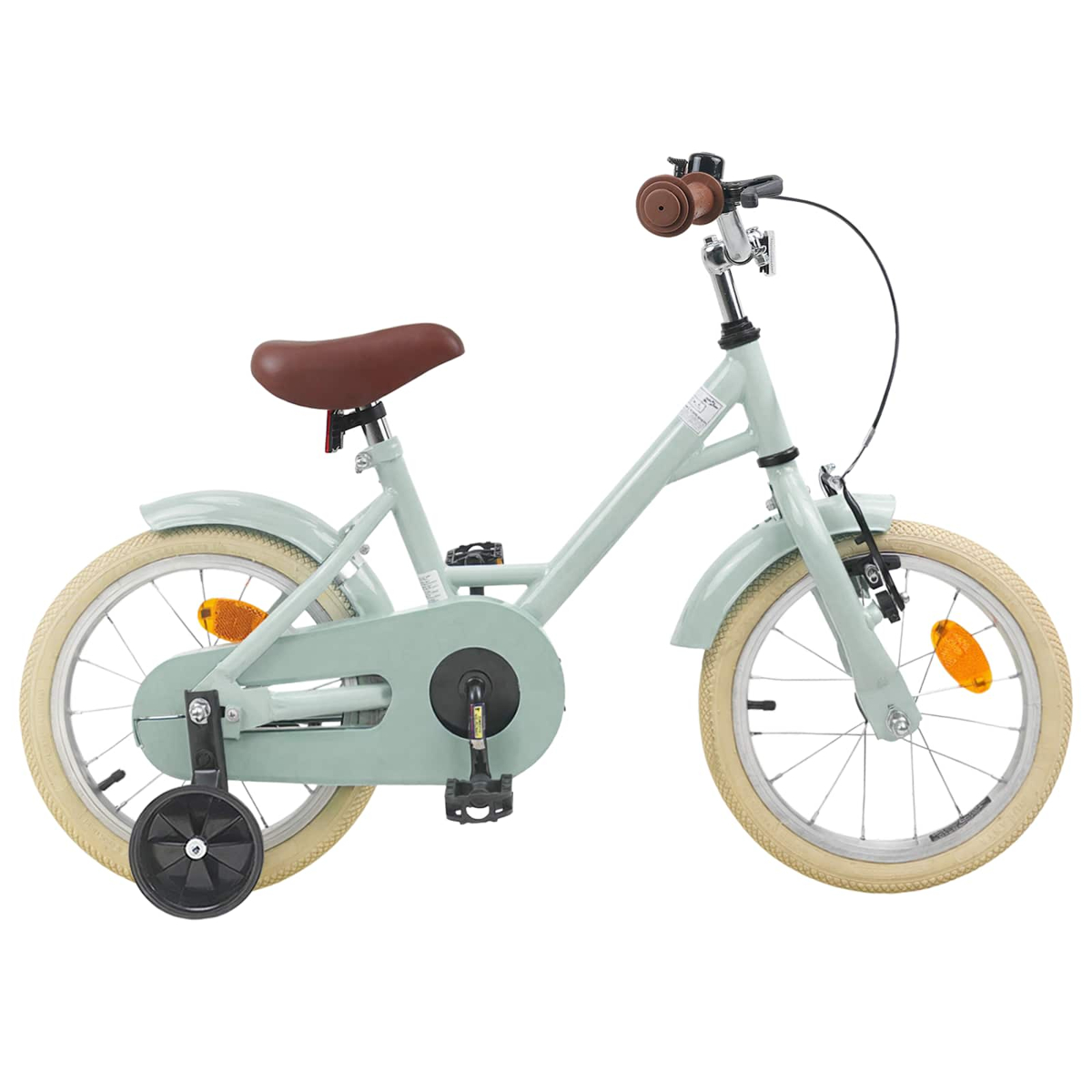 Hellgrünes Kinderfahrrad mit braunem Sattel, Stützrädern und cremefarbenen Reifen.