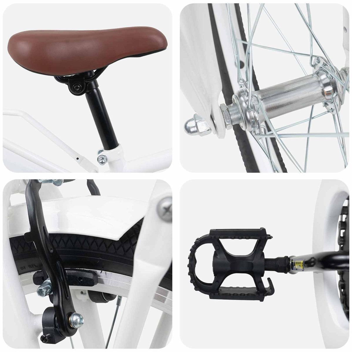 Nahaufnahmen eines weißen Fahrrads: brauner Sattel, Radnabe, Bremse, schwarzes Pedal.