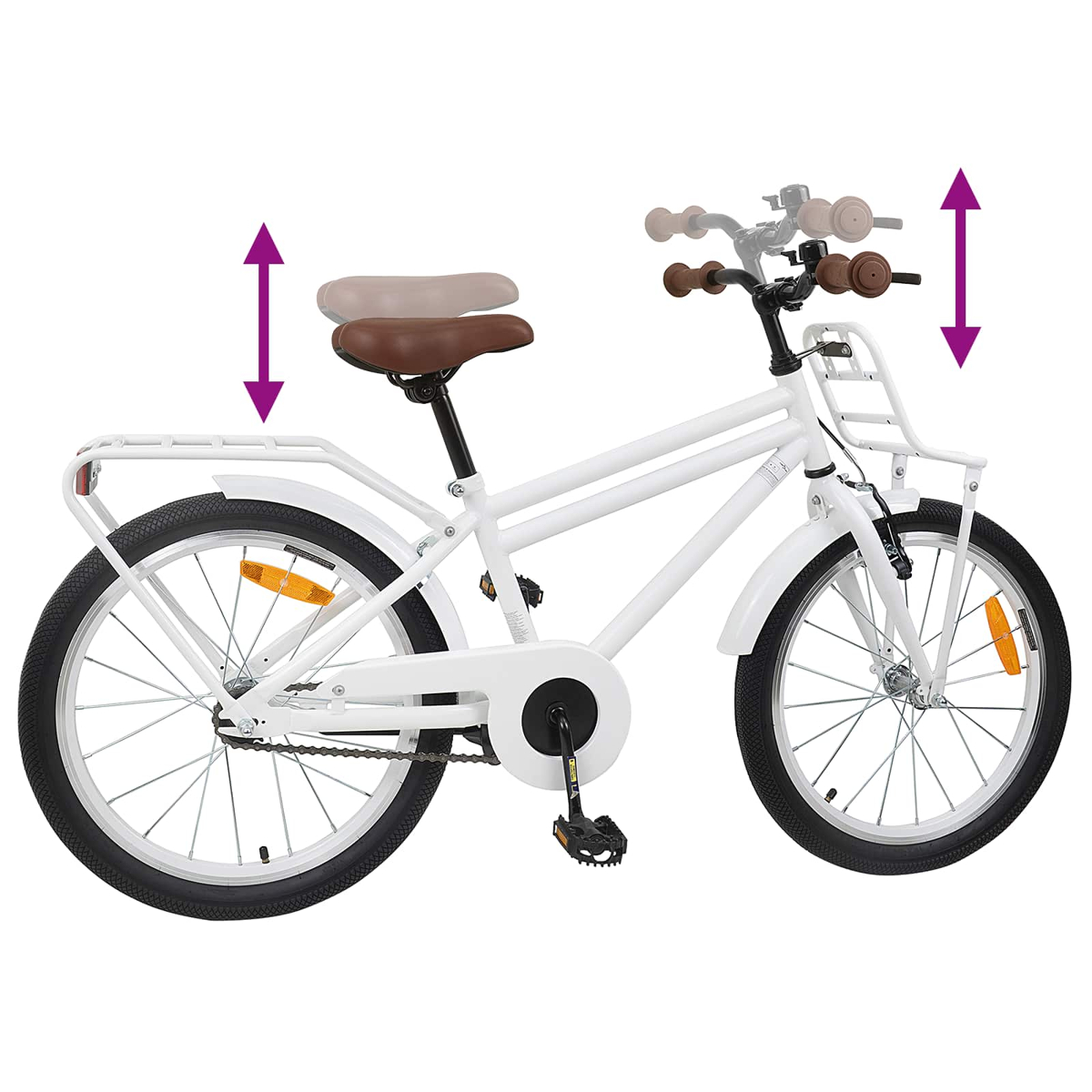 Weißes Kinderfahrrad mit Gepäckträger vorne und hinten, verstellbarer Sattel/Lenker.