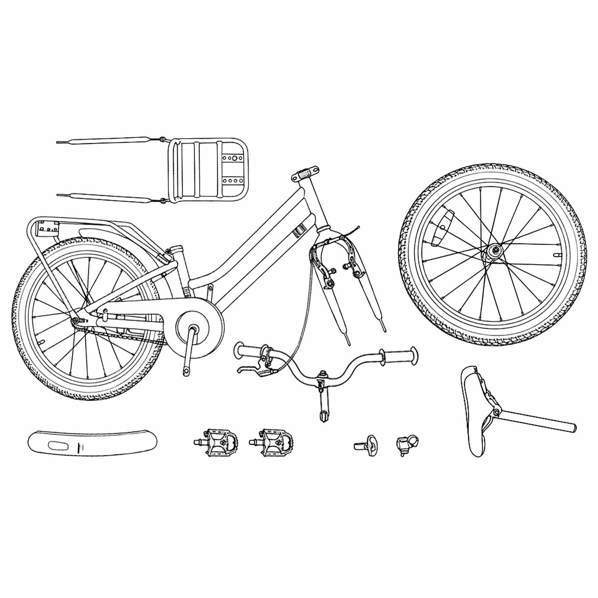Eine schematische Zeichnung eines Fahrrads mit abmontierten Teilen: Rahmen, Räder, Lenker, Sattel, Pedale, Gepäckträger.